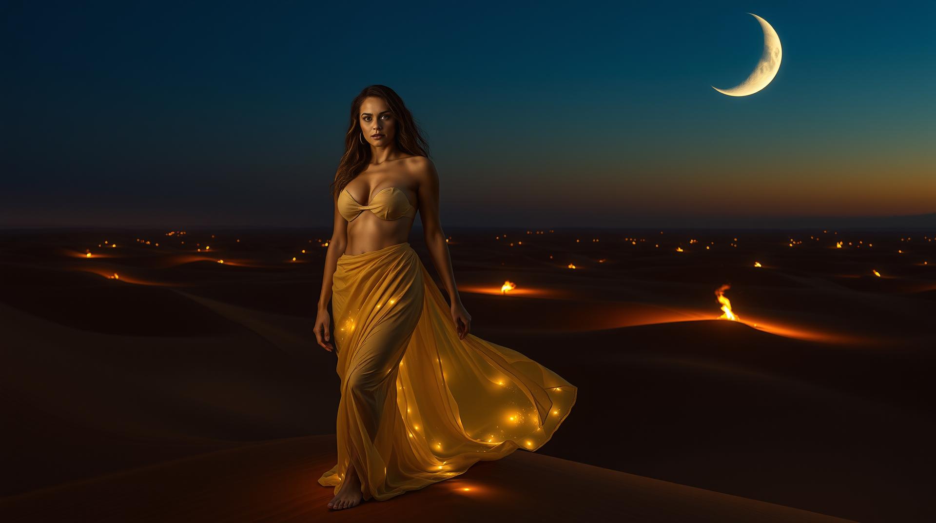 A vast, mystical desert stretches under a deep twilight sky, where glowing dunes shift slowly like liquid gold. Atop a lone sand dune stands an exquisitely toned and curvaceous woman, her form appearing entirely human at first glance—flawless skin, soft yet strong facial features, deep and expressive eyes. only her waist wrapped in flowing, semi-transparent silk that drapes naturally around her body, she moves with effortless grace as the wind plays with the fabric.

Yet, as the firelight flickers, a subtle, almost imperceptible difference becomes clear—her skin occasionally catches the light in a way no human's would, revealing delicate bioluminescent golden veins beneath the surface, pulsing softly like an ancient energy source. Her irises, though seemingly human, shift colors ever so slightly, reflecting the unseen cosmic forces that connect her to another world.

The massive crescent moon above bathes her in a cool, ethereal glow, contrasting against the warm amber hues of distant bonfires scattered across the desert. The air is thick with shimmering heatwaves, golden dust particles floating gently around her as if drawn to her presence. Mirage-like portals flicker subtly in the distance—shimmering distortions in the air, barely perceptible, as if the fabric of reality itself is thinning around her.

She stands in quiet power, a bridge between the physical and the unknown, her expression carrying the wisdom of one who has seen beyond the veil.