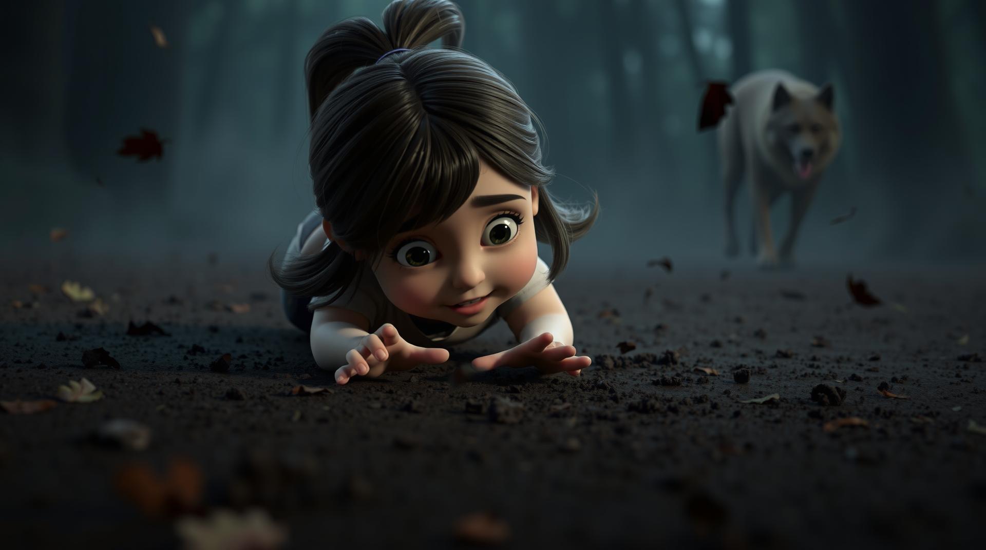 whimsical 3D Pixar-style The little girl stumbles and falls onto the ground. Dirt and leaves scatter. The camera focuses on her hands bracing the fall, showing her vulnerability. The atmosphere is dark and tense, with a growl heard in the distance.