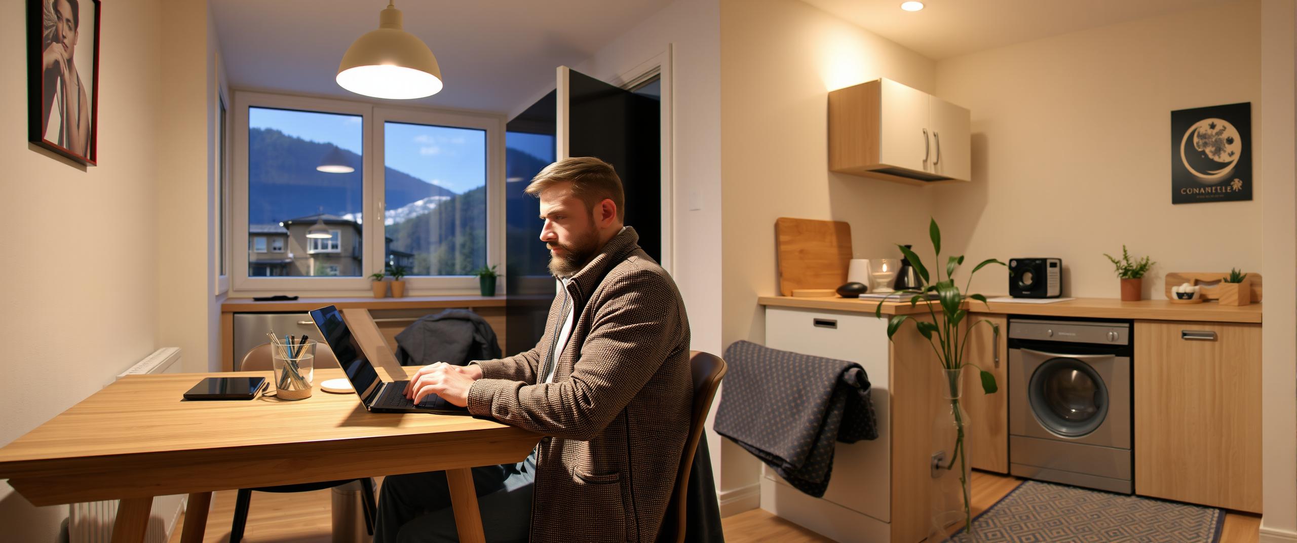 Erstelle ein realistisches Foto von: Ein attraktiver Mann aus Österreich, ca. 35 Jahre alt, sitzt am Esstisch in einer kleinen, gemütlichen Wohnung in Salzburg. Die Wohnung ist modern eingerichtet und er arbeitet an einem Laptop. Der Mann trägt gemütliche Businesskleidung, welche für zuhause geeignet ist. Weitwinkel-Bild, seitlicher Blick auf den Mann, der Mann sitzt mehrere Meter entfernt und ist im ganzen erkennbar. Im Hintergrund sieht man die Küche und ein Fenster mit Blick nach draußen. Ultrarealistisches Photo.