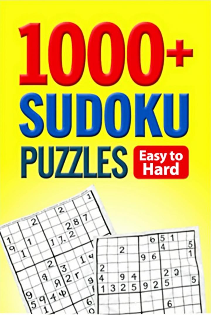 Create a bright and engaging book cover for a Sudoku puzzle book with a structured, professional layout. The background should be mainly yellow, with bold red and blue typography. The title should be large and prominent, featuring "1,000+ SUDOKU PUZZLES" in a mix of red and blue uppercase letters. The number "1,000+" should be especially large and stand out in blue.
Beneath the main title, include a small red box with white text that reads "Easy to Hard," indicating the range of puzzle difficulties.
In the lower-left section of the cover, add a black-and-white Sudoku grid, neatly aligned and partially filled with numbers.
The overall design should be clean, bold, and easy to read, using primary colors (red, yellow, blue) to create a visually appealing and energetic cover. The typography should be modern and highly legible.