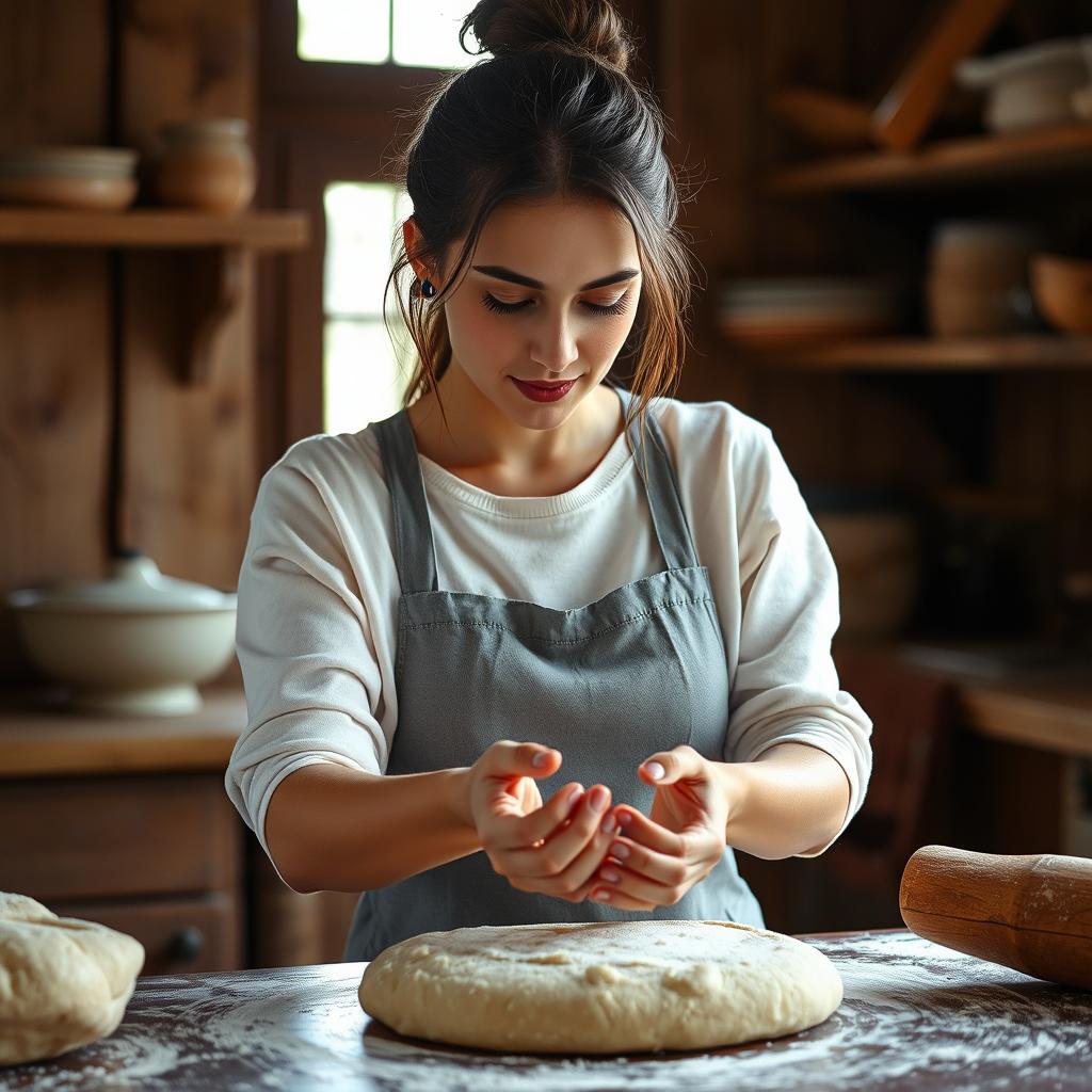 write something pretty about a young woman kneading dough and keep the view at her, because she does it very good and rapid
In the cozy warmth of a rustic kitchen, a young woman expertly kneads dough with rapid, precise movements. Her hands, strong yet graceful, press and fold the dough with practiced ease, creating a mesmerizing rhythm. The soft light filters through the window, highlighting her focused expression and the smooth, flowing motions of her arms. Each twist and turn of the dough is a testament to her skill and dedication.

Her presence radiates a quiet confidence, and you can't help but be drawn into the hypnotic dance of her hands. The dough transforms under her touch, becoming pliant and ready for baking. Her movements are both artful and efficient, demonstrating a deep connection to the craft of bread-making.