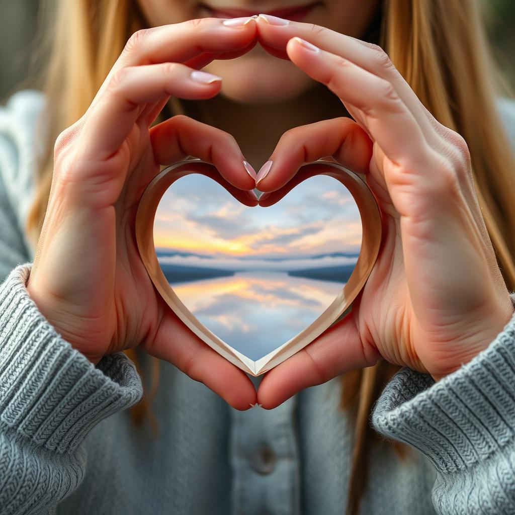 A woman's hands are making a hart frame. An incredibly beautiful scene is reflected in the frame.