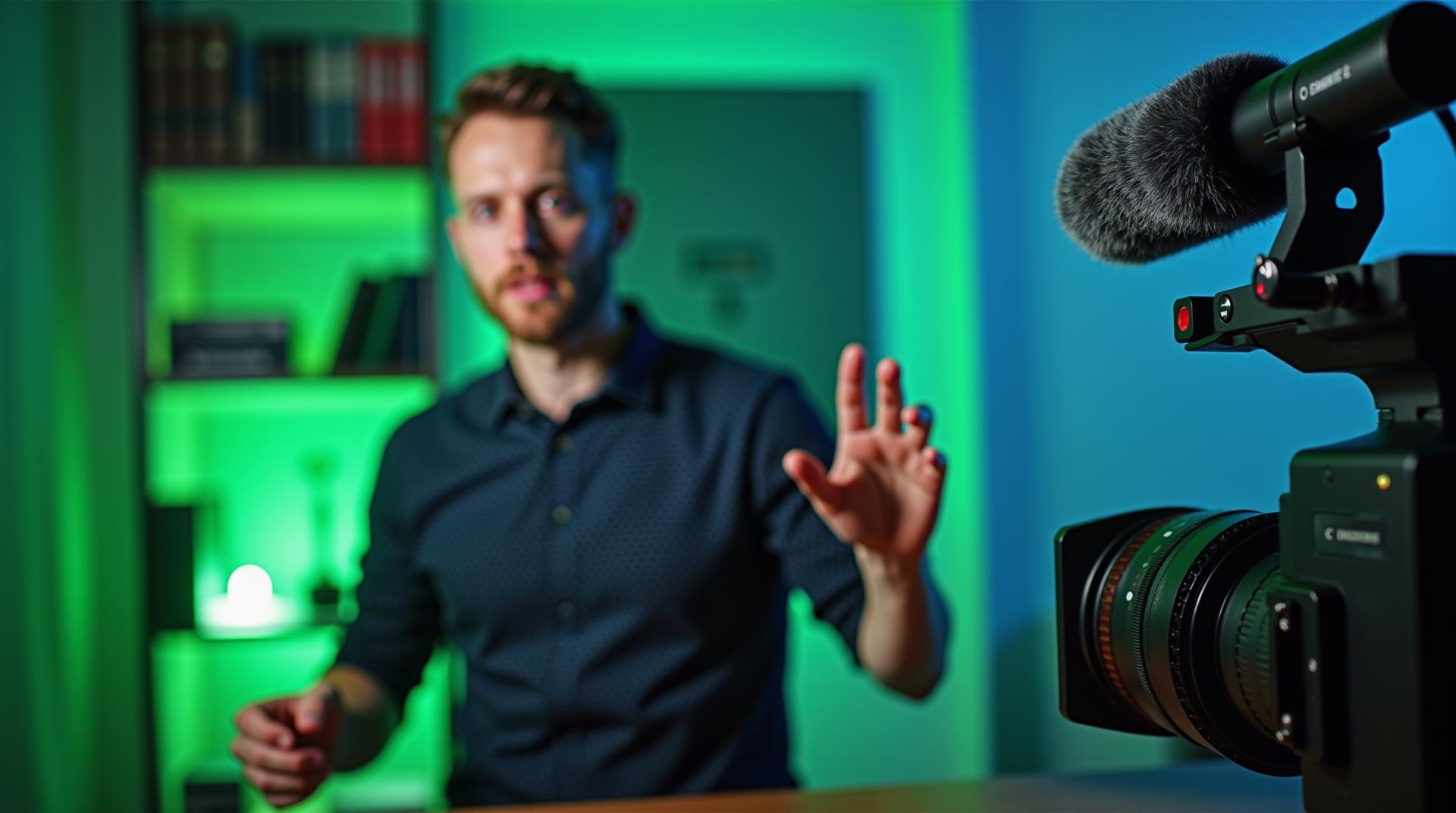 Create a cinematic HDR image of a man presenting a channel, with a YouTube streamer scene, in front a "Shure SM7B Microphone", in the background a studio with a blurred bookshelf and cinematic lights illuminating the scene in neon green and blue colors, video camera front, aperture 2.8 blackmagic ursa, hdr