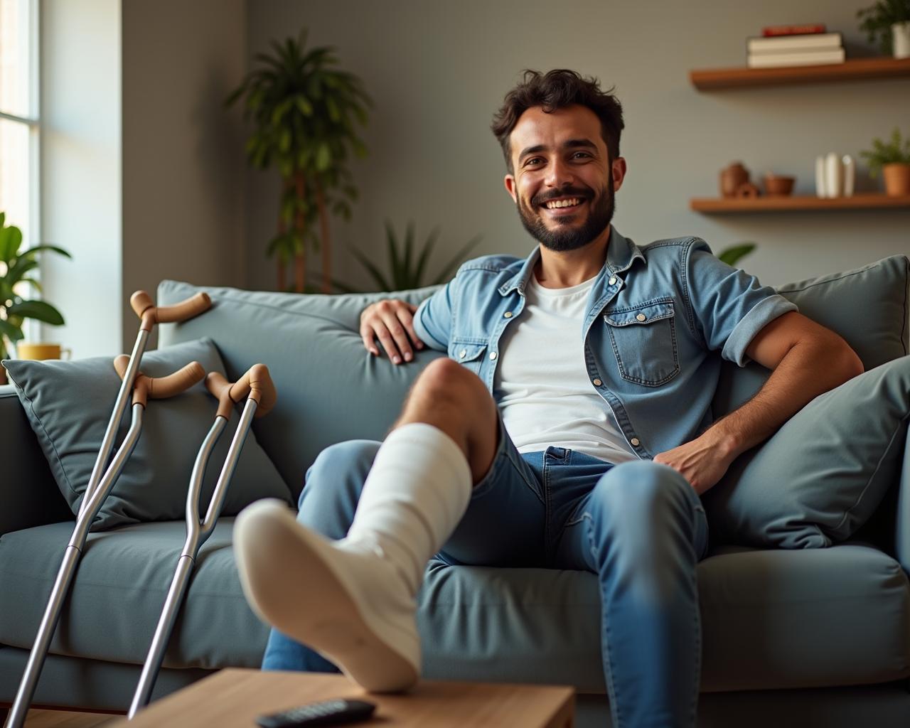 A cheerful ultra-realistic Brazilian man sitting on a sofa with his plastered leg elevated on a cushion, wearing casual clothes, surrounded by two crutches and a TV remote control in a cozy home environment. The camera angle also captures the plastered leg.