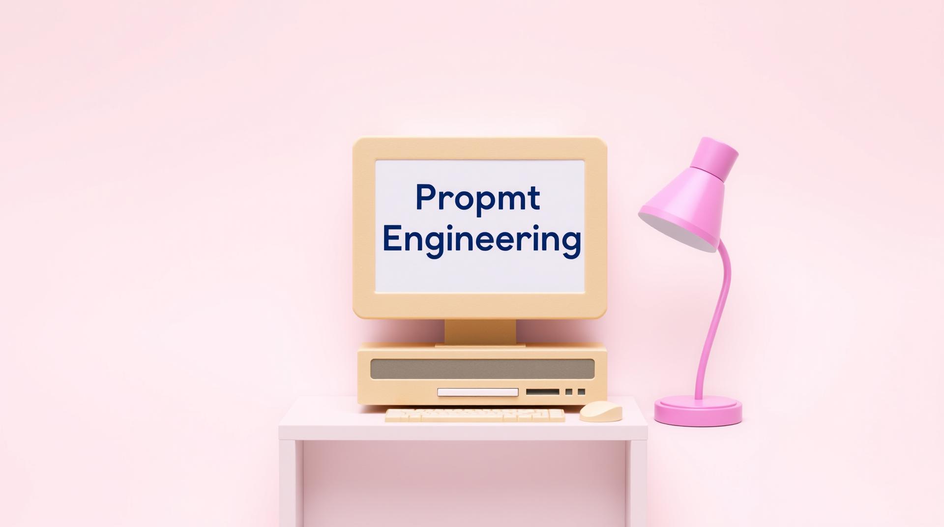 A papercraft style image of a clean pastel background with a computer on a desk. The computer has a beige tower and a monitor. On the monitor, the text "Prompt Engineering" is displayed. There is a pink lamp on the desk next to the computer.