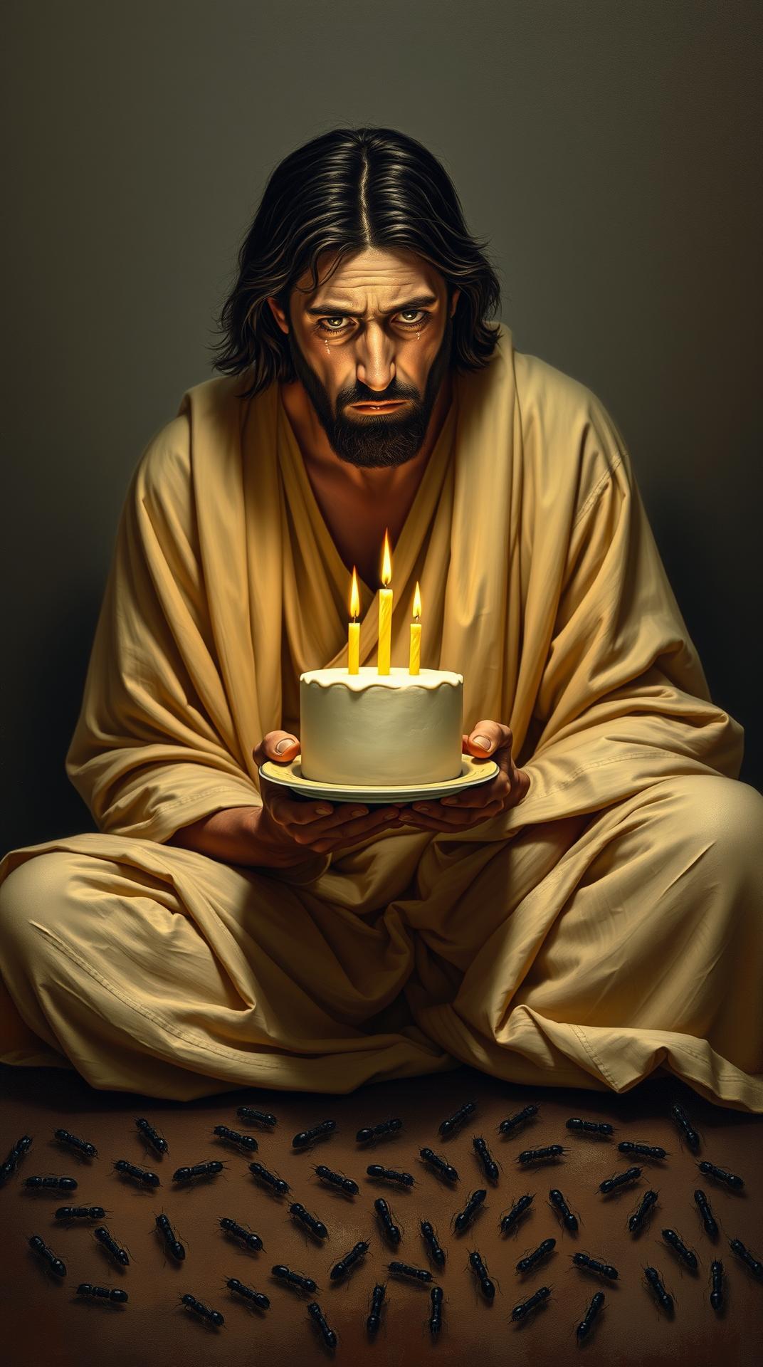 A man, appearing to be a depiction of Jesus, is seated in a pose of sorrow. He is middle-aged, with dark hair and a light complexion. He wears a flowing, light beige robe, reminiscent of traditional religious attire. His facial expression is one of profound sadness or grief, with tears visibly streaming down his face. He is holding a cake with lit candles. The cake is plain, light colored, and sits on a small plate.  The setting is a dimly lit room or interior space, with a muted gray-brown background.  The man is centered in the image. He is facing the viewer, and his gaze is directed slightly downward. The composition is straightforward, focusing on the emotional portrayal of the figure. The lighting is dramatic, illuminating the cake and face intensely, while the rest of the scene is relatively subdued in color.  A large number of ants are present at the bottom of the image surrounding his feet.  The style is painterly, with a focus on emotional impact rather than realism. The overall atmosphere is one of solemn reflection or spiritual anguish.