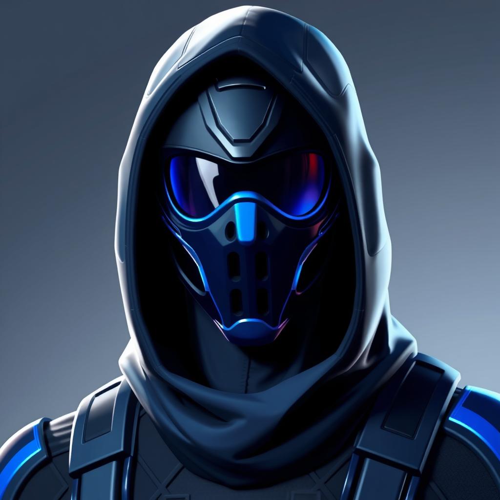 mysterious hero with a mask and futuristic look as a Fortnite skin in blue and black