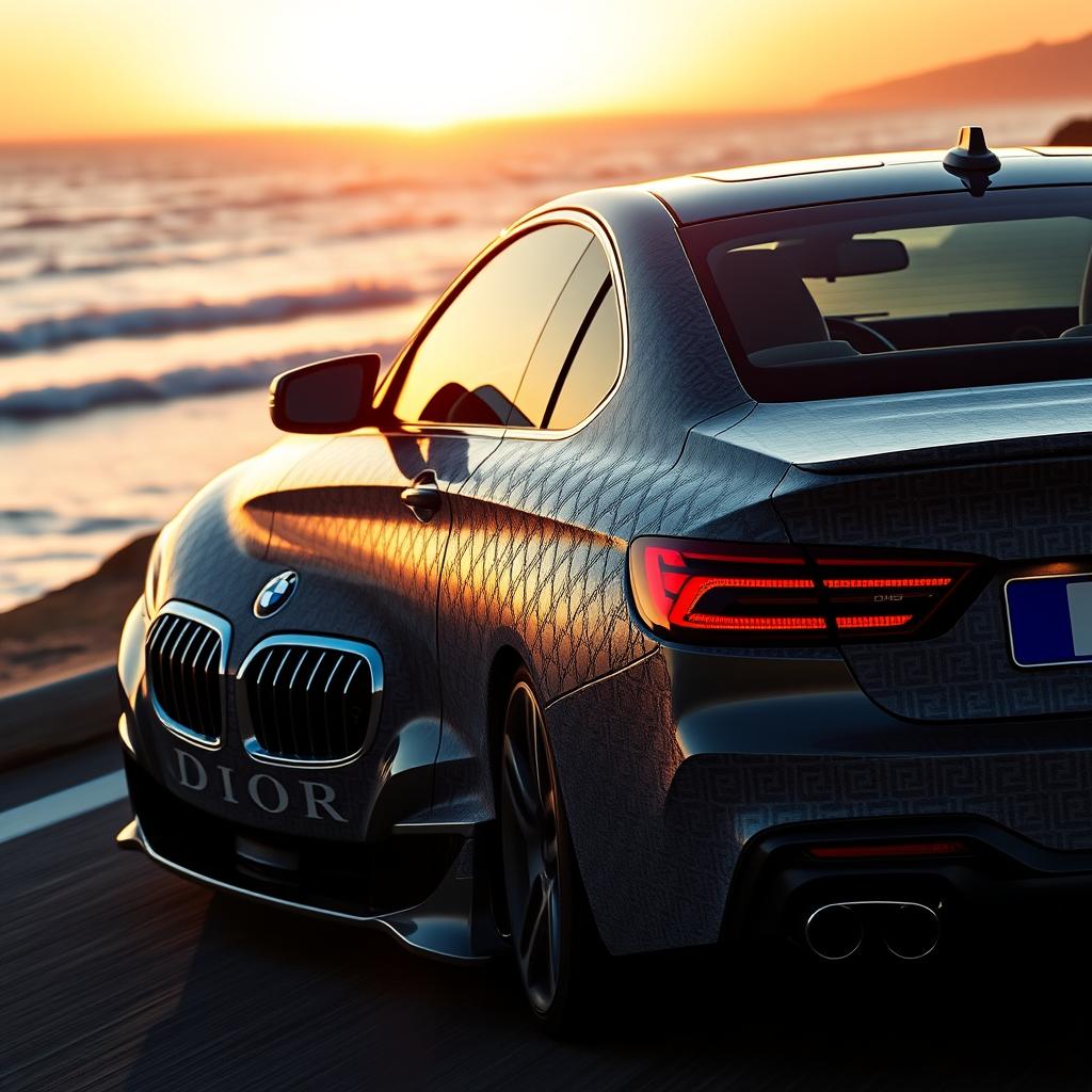 A luxury BMW in an exclusive brand collaboration with DIOR, designed with exterior textures and patterns inspired by DIOR's signature handbags. The car's body has a refined quilted pattern, sleek leather-like finish, and metallic DIOR monogram details, blending automotive design with high-end fashion. The scene captures the BMW driving along a picturesque coastline at sunset, with warm, golden light illuminating the car and casting reflections across its elegant surface. The ocean waves shimmer in the background, while the horizon glows in shades of orange and pink, creating a mood of sophistication, luxury, and serene beauty.