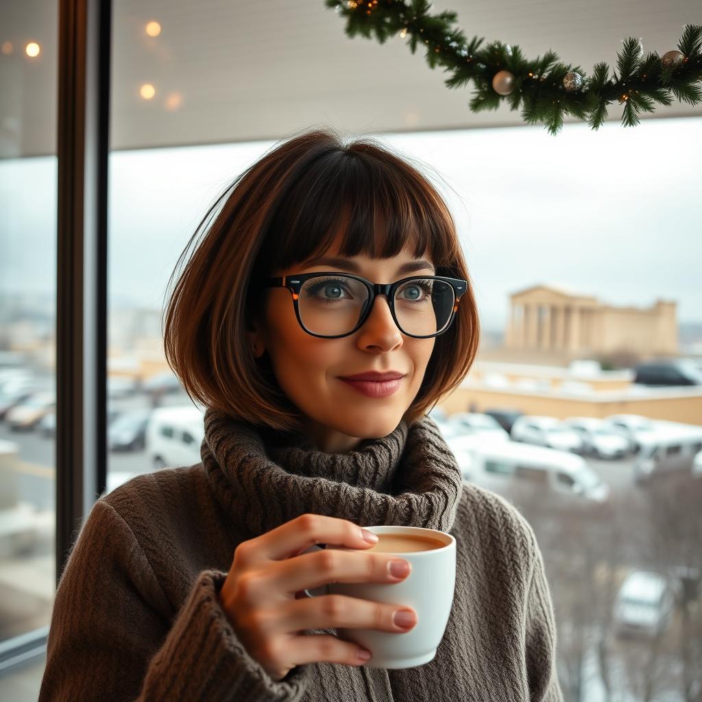 Angie, 35 years Woman, Luminous And Youthful face, olive skin tone, Mediterranean,Mature Hazel Green Eyes Behind Glasses,beautiful,bob Hair Cut Close To Ears, Wearing Glasses And Looking Cool And Stylish With Casual Winter Clothes, wool and jeans and boots,Drinking Coffee And Looking At The Acropolis From The Big Windows , Masterpiece Of Photography, Instagram Worthy, Christmas Season, Warm Atmosphere, Hd Quality, 3d Excellent Resolution,  Coherent,  Detailed, Masterpiece,, 