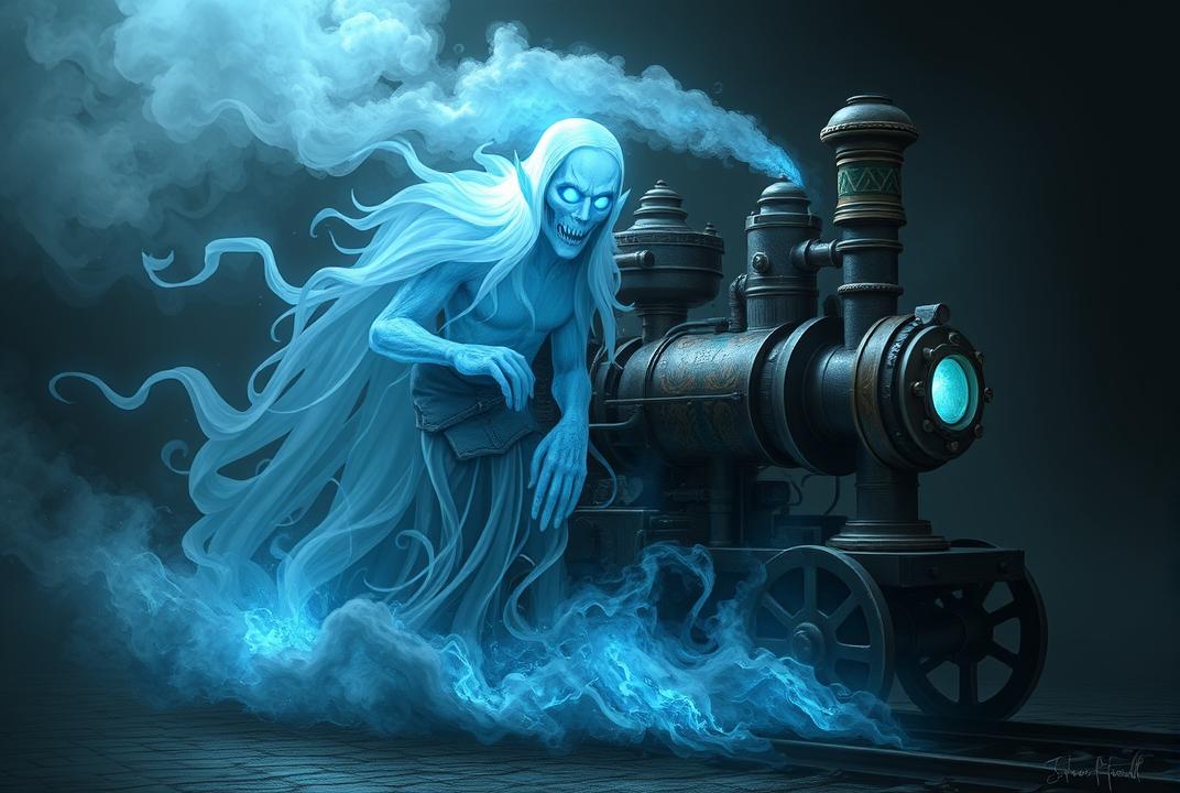 . Steam Specter: A ghostly, ethereal creature with a steam-powered engine and glowing, blue eyes.;