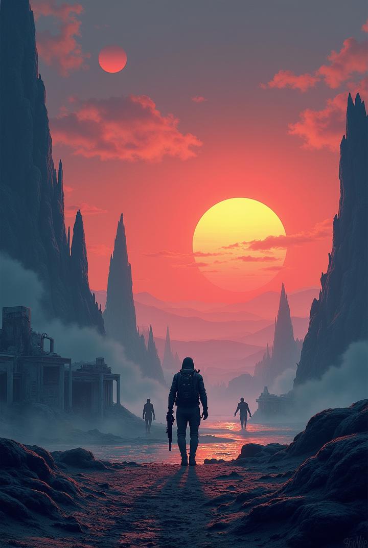 Book Cover Design Prompt:

1. Overall Scene:

A distant alien planet under a twilight sky, with two suns setting on the horizon.

Strange, towering rock formations and a futuristic colony in the background, partially in ruins.

In the foreground, shadowy figures (the "Spoilers") emerge from the mist, their forms eerie and menacing.

A lone protagonist stands ready, gripping a futuristic weapon, facing the oncoming threat.

The atmosphere is tense, evoking mystery, danger, and an impending confrontation.



2. Title:

When the Spoilers Came

Display the title prominently at the top of the cover in bold, dramatic typography.



3. Author:

Robert Moore Williams

Place the author's name clearly below the title, using a distinct but slightly smaller font.



4. Publisher:

Bookble

Position the publisher’s name at the very bottom of the cover, ensuring it remains separate from the title and author for clarity.




