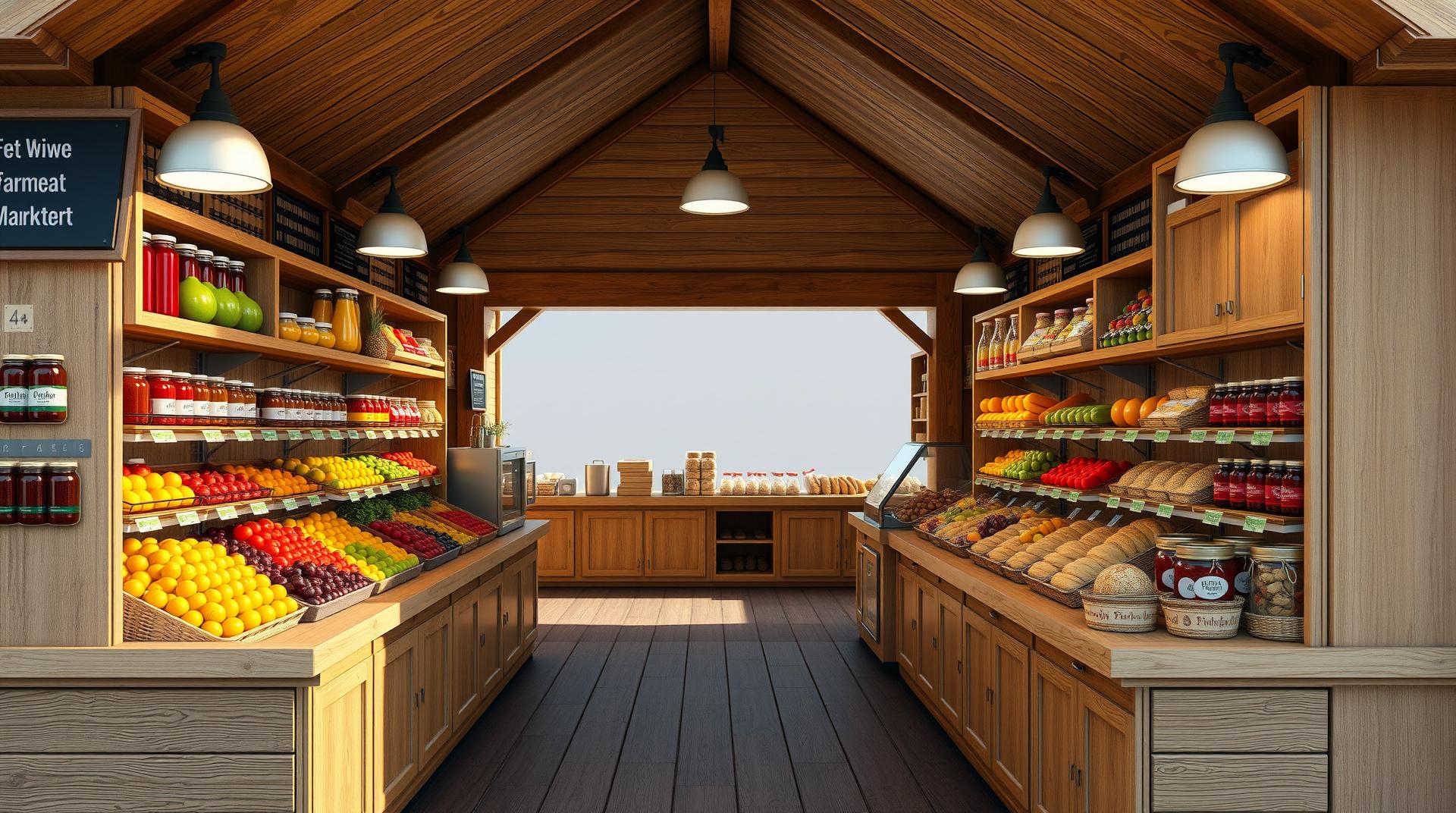 6 foot wide farmers market stall with fresh fruit, jams, juices, and breads on the walls. There is a walkway through the middle of it all and cabinets on both sides. it has a wooden exterior and a triangular roof. Hyper realistic 4k