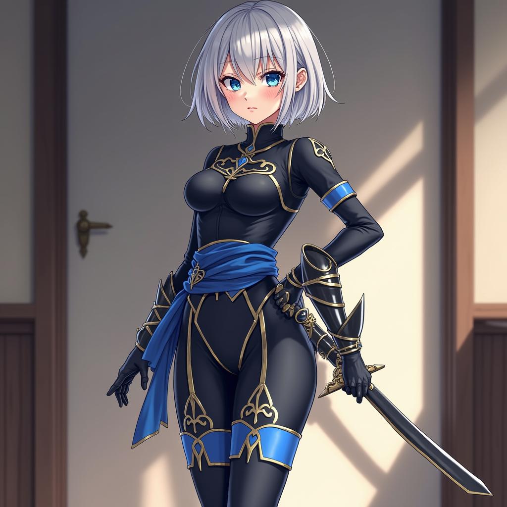 a female, she is short, she has silver short hair, white hair highlights, blue eyes, wearing black and blue combat leotard, thigh high black and blue combat boots with heels, medieval room, anime, flat rapier attached to her hip, blue sash on her other hip