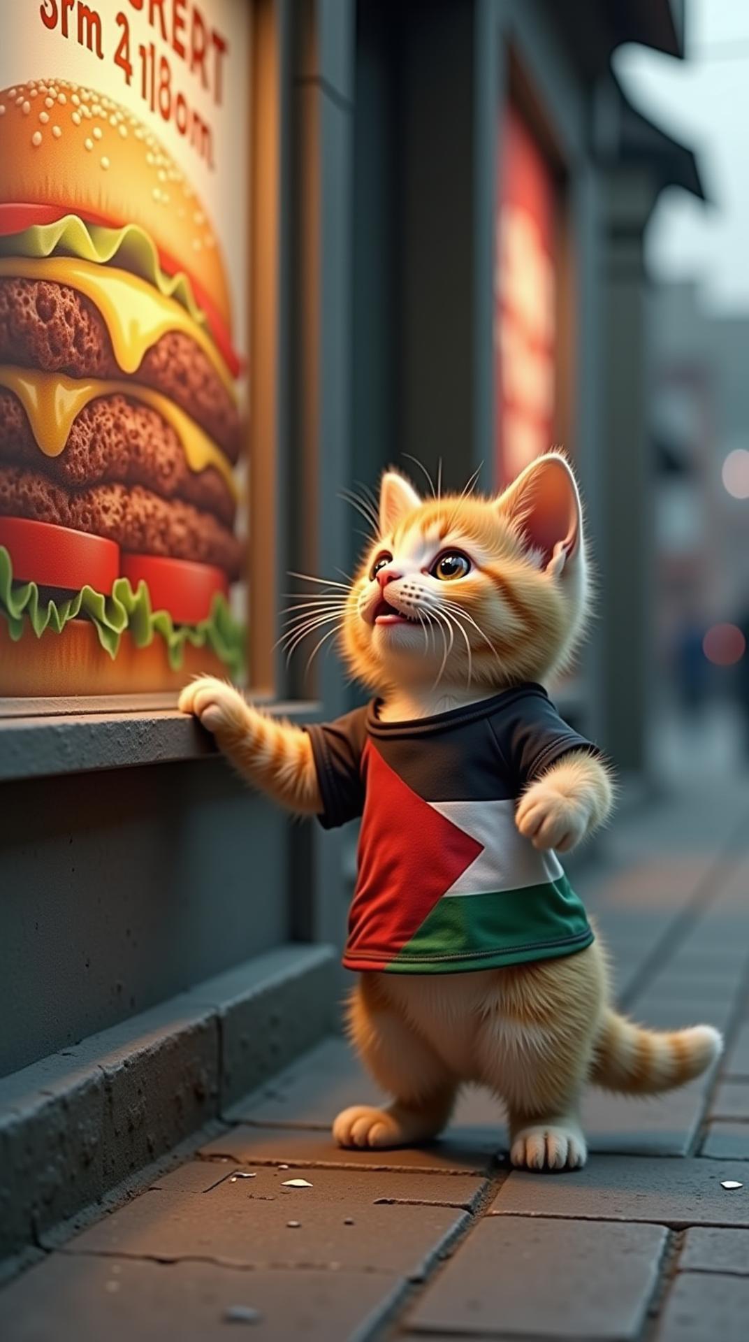 A 3D kitten wearing a shabby Palestinian flag t-shirt looks at a poster of hamburger food in front of a hamburger shop with a facial expression with his mouth drooling, scene on the side of an Indonesian road