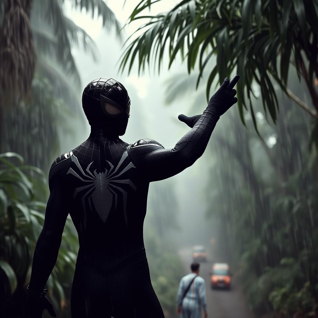 a cinematic scene in 1985, wide distant shot of black spider-man, black suit, jungle, heavy rainfall, captured by Canon EOS 5D Mark IV, directed by Ridley Scott