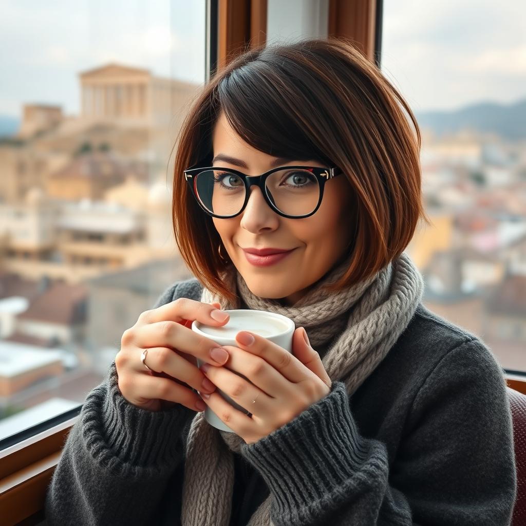 Angie, 35 years Woman,, Luminous And Youthful face, olive skin tone, Mediterranean,Mature Hazel Green Eyes Behind Glasses,beautiful,bob Hair Cut Close To Ears, Wearing Glasses And Looking Cool And Stylish With Casual Winter Clothes, wool and jeans and boots,Drinking Coffee And Looking At The Acropolis From The Big Windows , Masterpiece Of Photography, Instagram Worthy, Christmas Season, Warm Atmosphere, Hd Quality, 3d Excellent Resolution,  Coherent,  Detailed, Masterpiece,, 