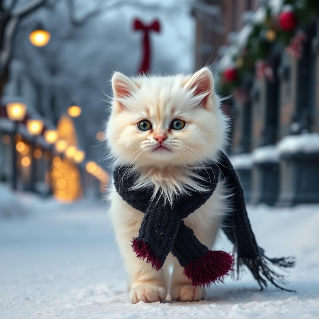 An adorable fluffy white kitten, wearing an elegant black furry scarf with fine glitter details and Bordeaux colored hand gloves, with fluffy edges. The kitten has an adorable mischievous smile and walks carefree on snowy streets that are ornate with Christmas cheer. 