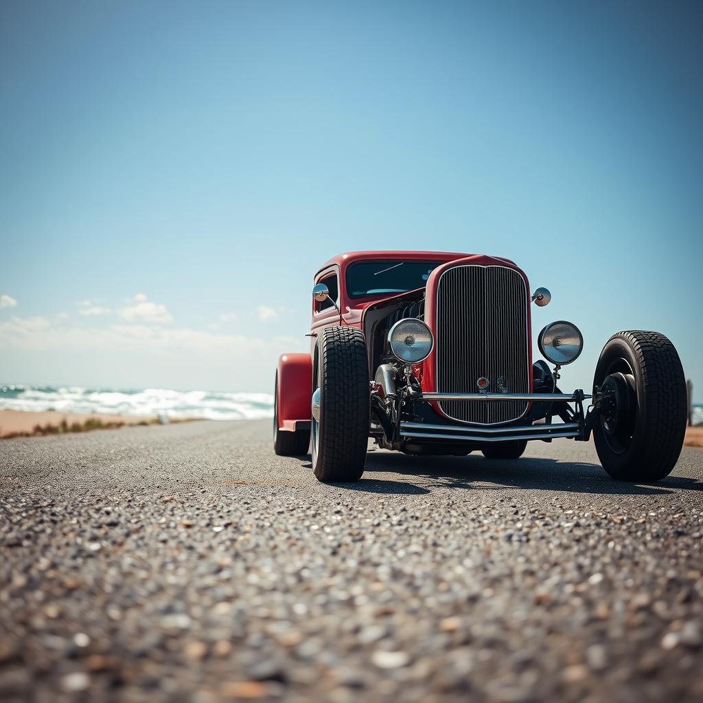 A close up of a vintage hot rod on the road by the beach on a sunny day.