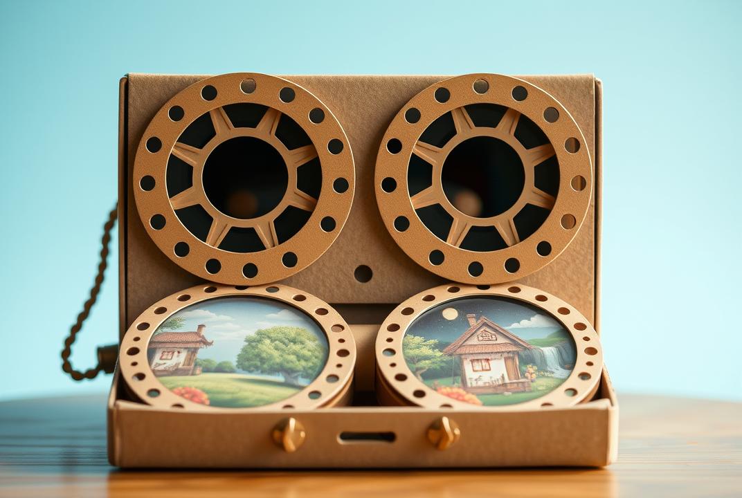  - A D viewer that uses circular cardboard reels filled with stereoscopic images. It offers a magical glimpse into different worlds, from nature scenes to cartoons. ;