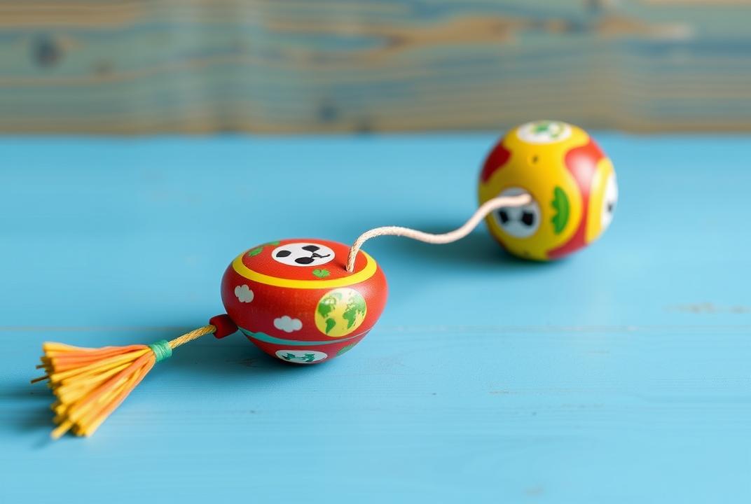  - A classic string toy that spins and returns. Made from wood or plastic, it features bright colors and graphics, perfect for performing tricks like walk the dog and around the world. ;