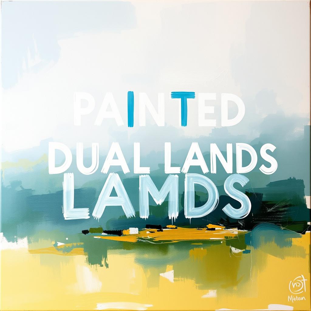 make a soft-toned impressionist abstract acrylic painting with the words "PAINTED DUAL LANDS" painted in large brushstrokes