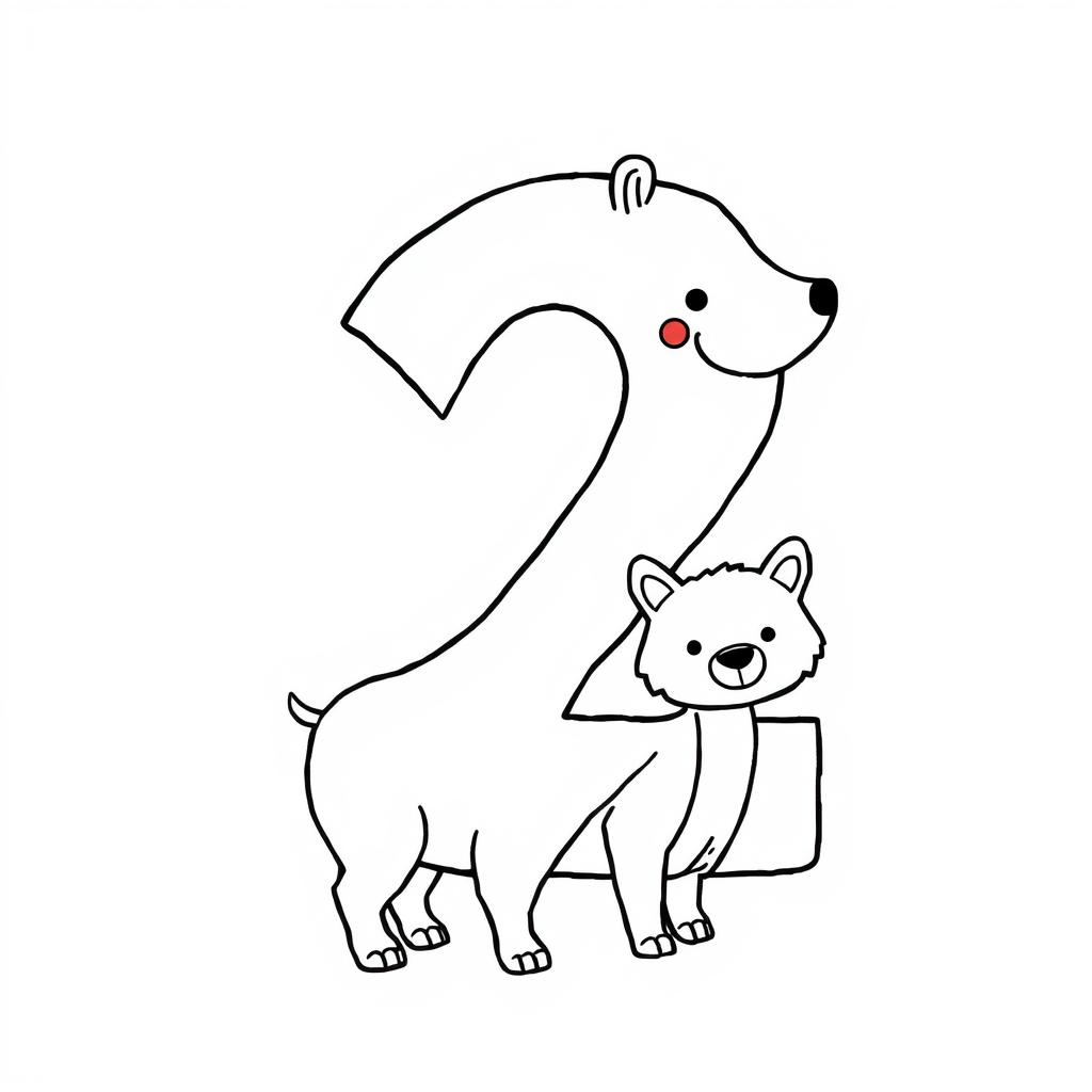 For a children's colouring book, create black and white drawings with animal shapes representing the number 2 (two). Let the drawing combine the outline of the number 2 with the animal figures. Add details that emphasise the characteristics of each animal so that children can recognise the animals while having fun. Your drawings should be simple and clear, suitable for colouring.