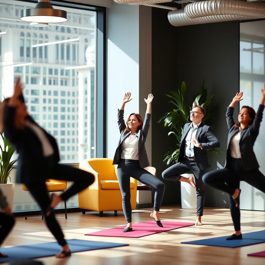 some consultants doing yoga in businesswear