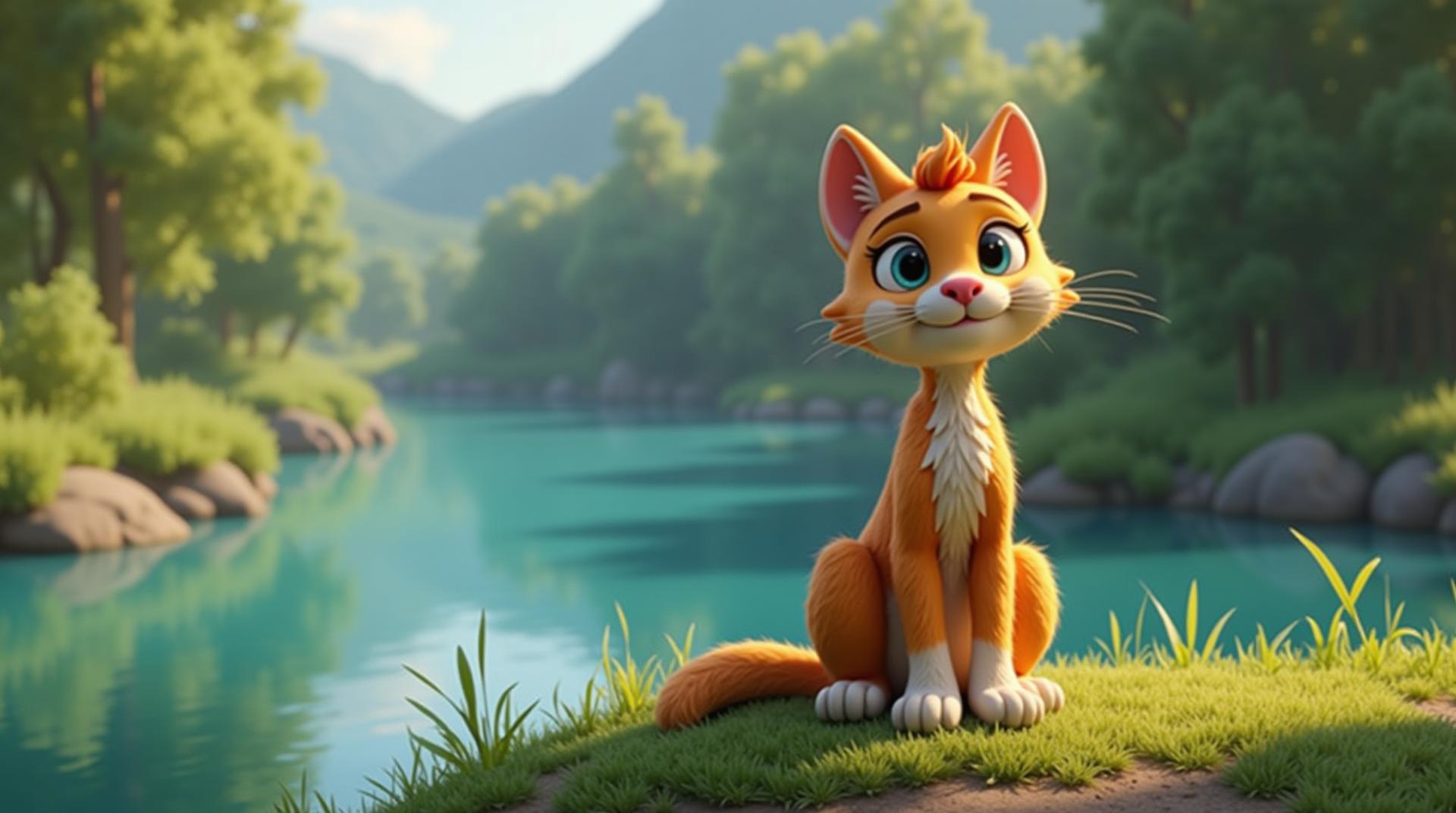 a cat sit beside the river. 3d pixar