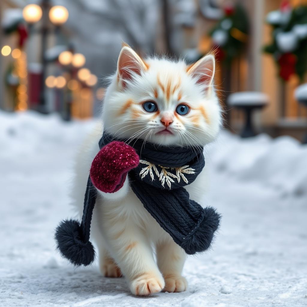 An adorable fluffy white kitten, wearing an elegant black furry scarf with fine glitter details and Bordeaux colored hand gloves, with fluffy edges. The kitten has an adorable mischievous smile and walks carefree on snowy streets that are ornate with Christmas cheer. 