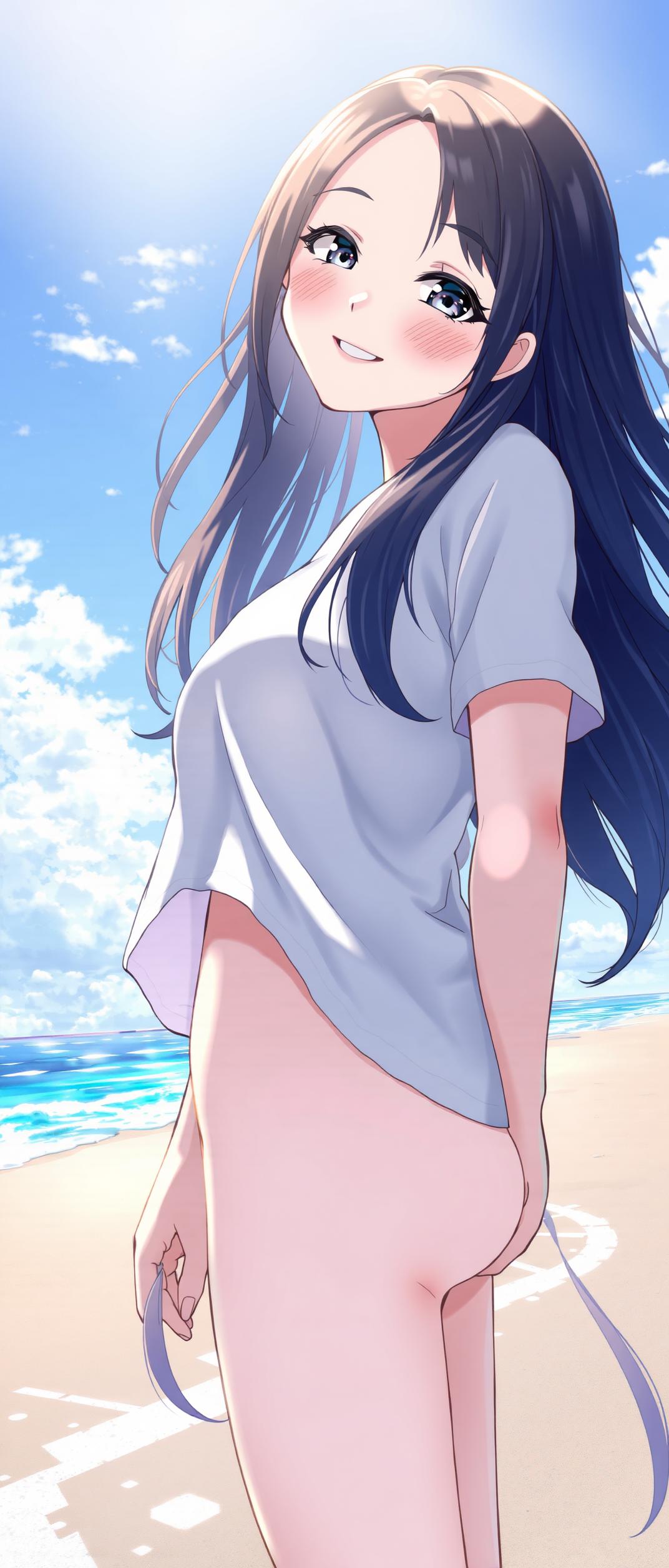 Professional graphic novel Anime style, complete view from head to feat of beautiful young woman, smiling and posing in the sunlight at the beach with sunlight reflecting in her hair, extremely sharp details, Masterpiece