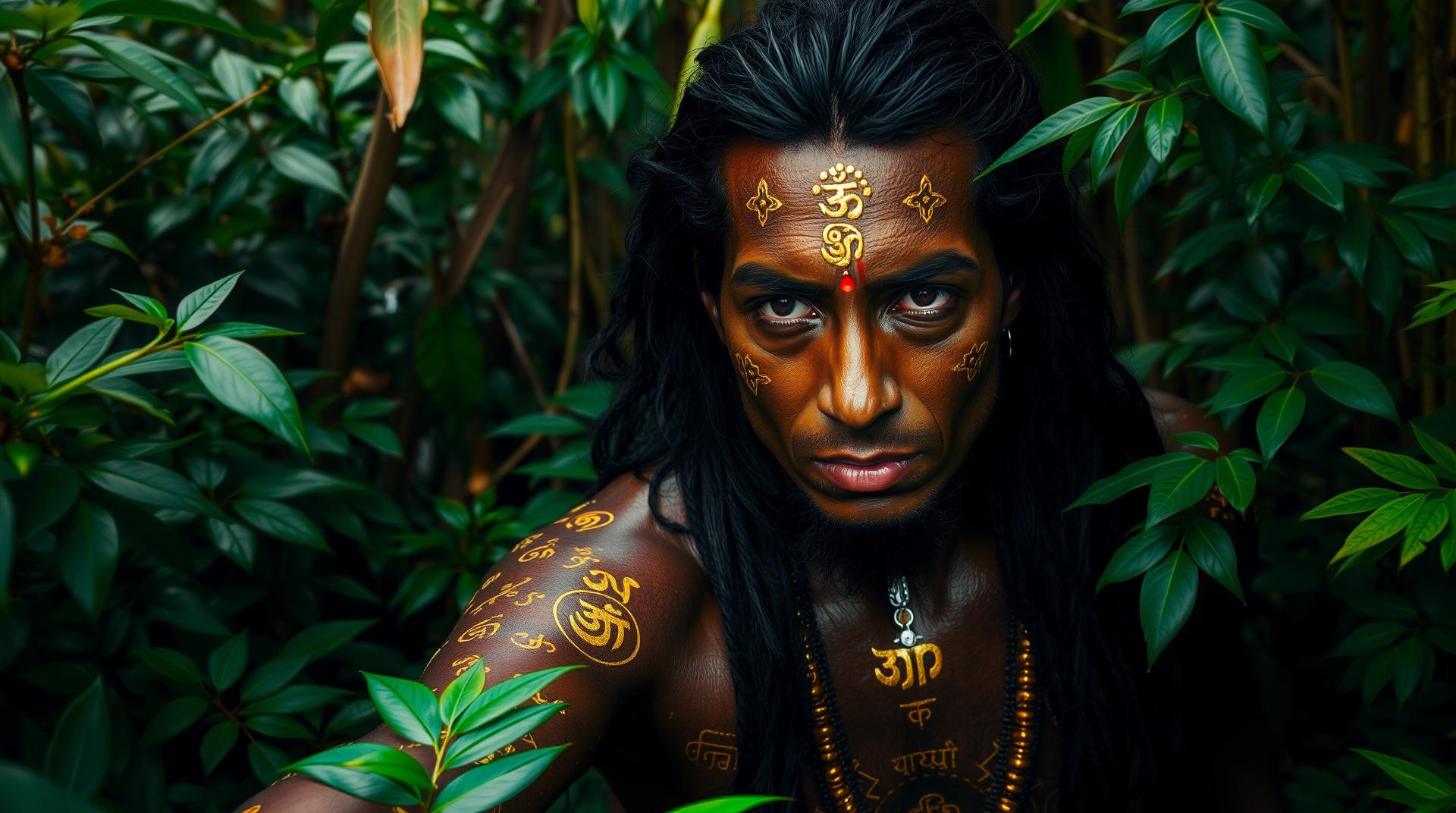 Character:

A mystical figure with black hair.
Skin embedded with golden Hindu mantras, reflecting a deep connection to spirituality and tradition.
Setting:

The character emerges from a congested jungle, filled with dense foliage and vibrant greenery, conveying a sense of life and mystery.
Atmosphere:

The scene should evoke a feeling of ancient power and wisdom, with the jungle's vivid colors providing a striking contrast to the character's golden mantras.