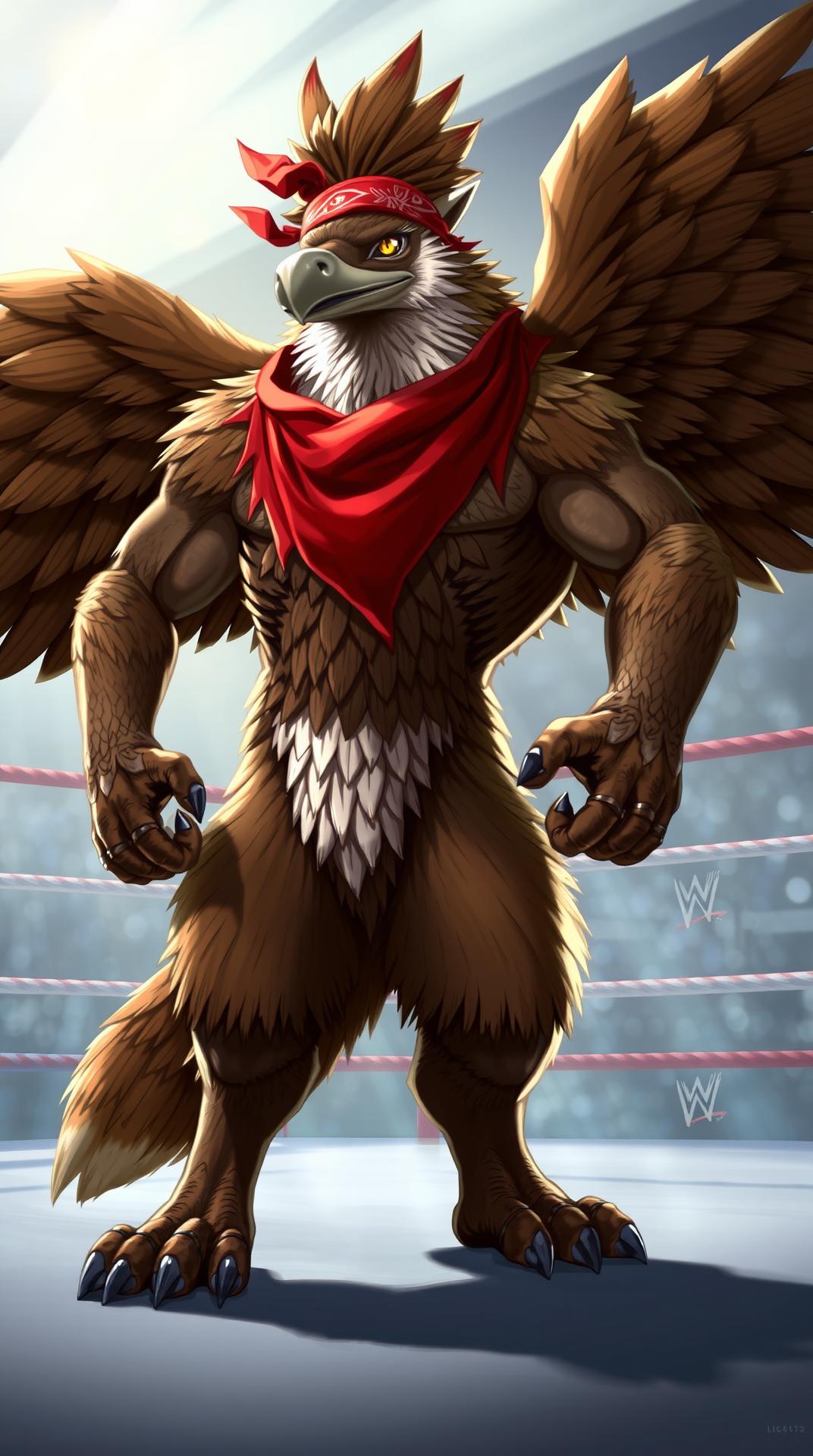 A powerful hybrid creature stands in the wrestling ring, its broad, muscular frame covered in majestic feathers. Its golden eyes gleam with intelligence, while its taloned hands flex with raw power. A red bandana rests atop its feathered head, and its powerful wings spread wide, exuding strength and charisma.