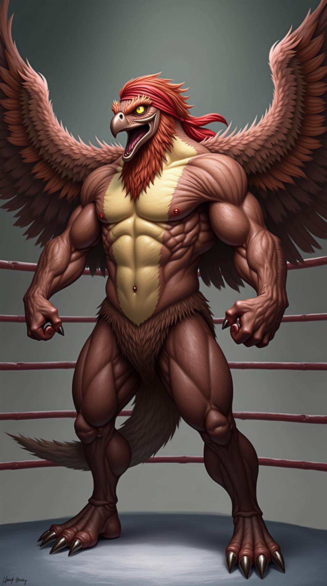 A powerful hybrid creature stands in the wrestling ring, its broad, muscular frame covered in majestic feathers. Its golden eyes gleam with intelligence, while its taloned hands flex with raw power. A red bandana rests atop its feathered head, and its powerful wings spread wide, exuding strength and charisma.