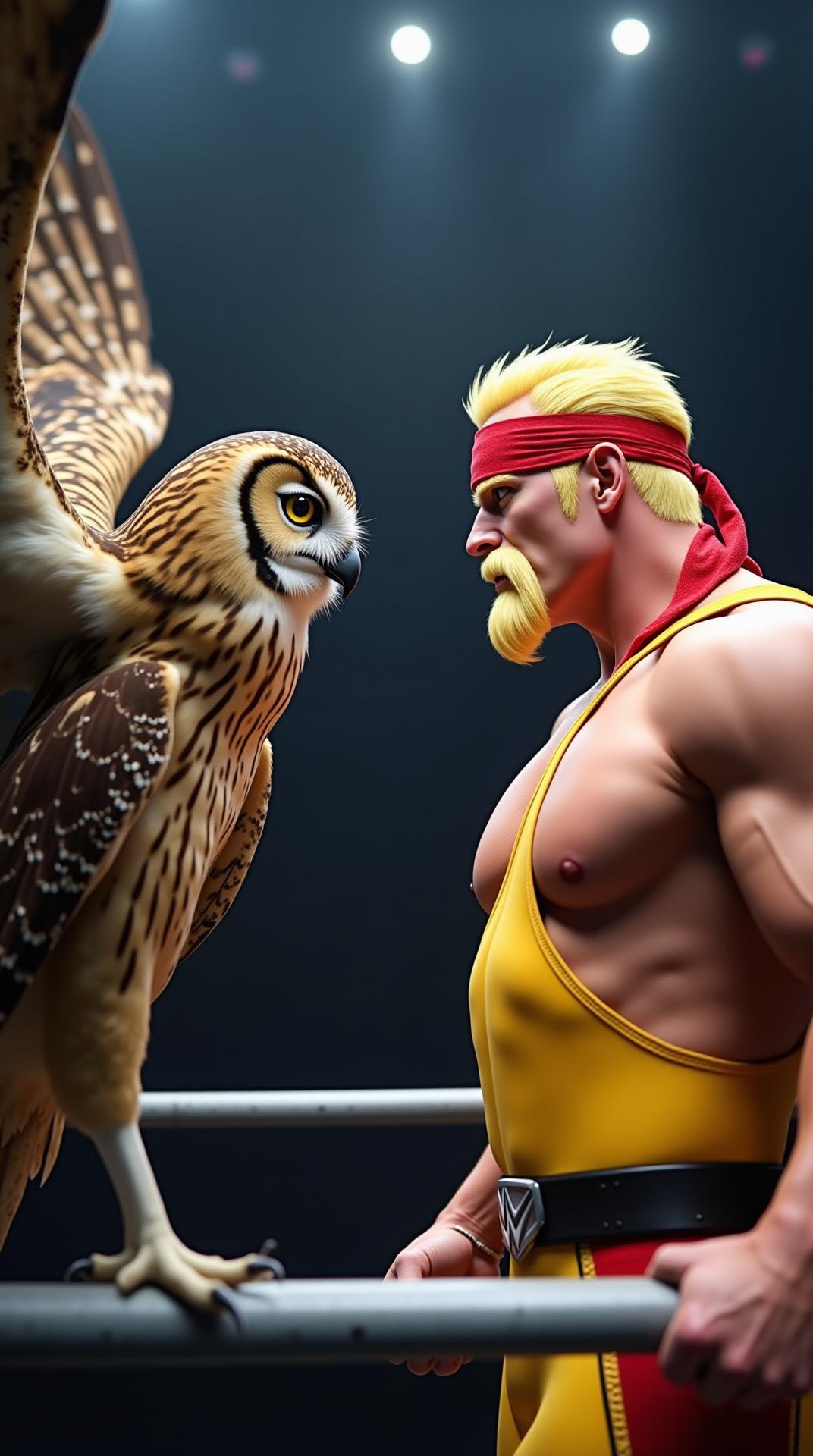 A majestic owl with piercing golden eyes and wide-spread wings faces a towering, muscular wrestler with a thick blonde mustache, red bandana, and ripped yellow tank top. They stand in a dramatic wrestling ring under bright spotlights, the owl’s feathers ruffling as the wrestler flexes his muscles, both locked in an intense stare-down.