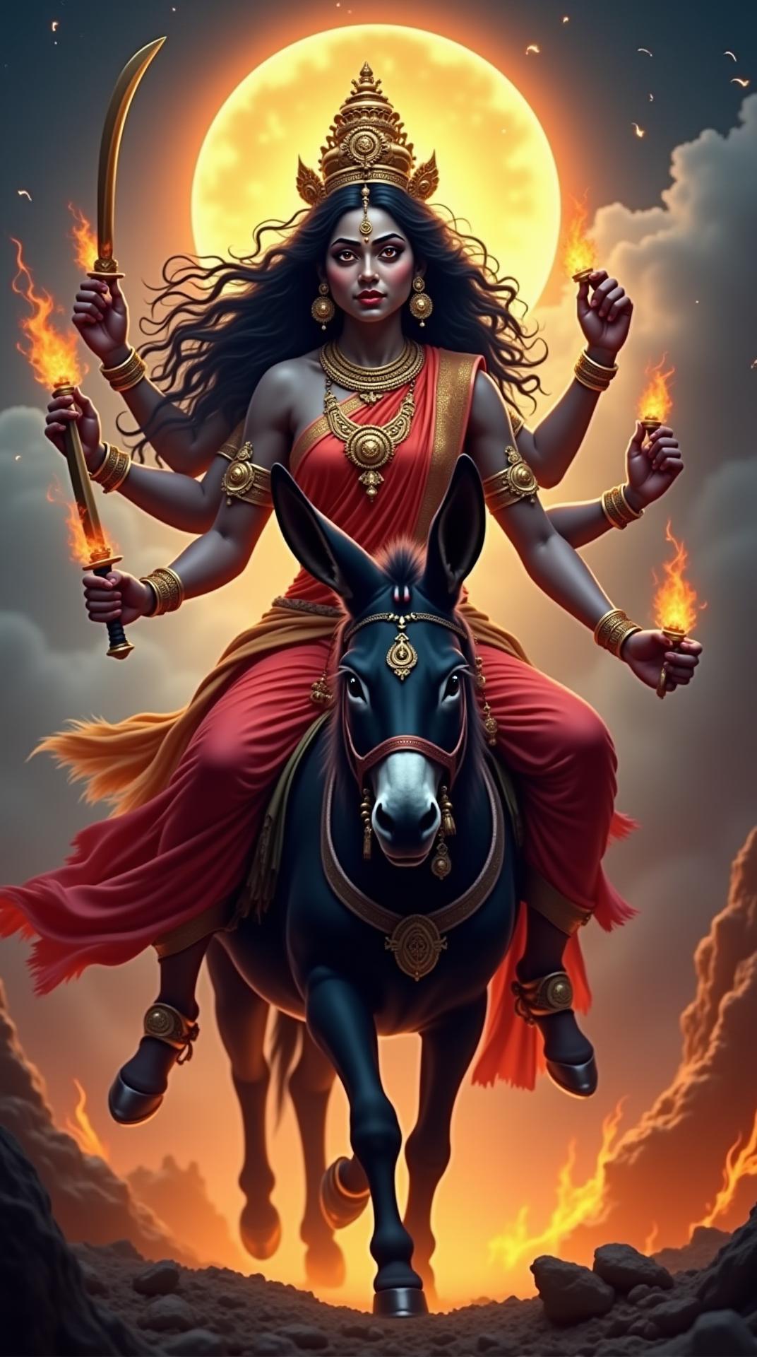 A divine and stunningly realistic 4K portrait of Maa Kalaratri, the seventh form of Goddess Durga, radiating fierce power and destruction of evil. She is depicted with a dark complexion, untamed flowing hair, and three glowing eyes filled with rage and divine energy. Her expression is intense, exuding both fearlessness and divine protection. She rides a powerful black donkey, symbolizing humility and wisdom. She has four arms—one hand holds a curved sword, another a Vajra (thunderbolt), while the other two are in Varada Mudra (blessing gesture) and Abhaya Mudra (gesture of protection). She wears a simple yet celestial red and black saree, billowing with divine energy. Her golden ornaments shine brilliantly against her dark complexion. Flames and lightning surround her, with a dark cosmic battlefield in the background, symbolizing destruction of evil and the triumph of righteousness. A powerful, fiery aura envelops her, amplifying her divine presence