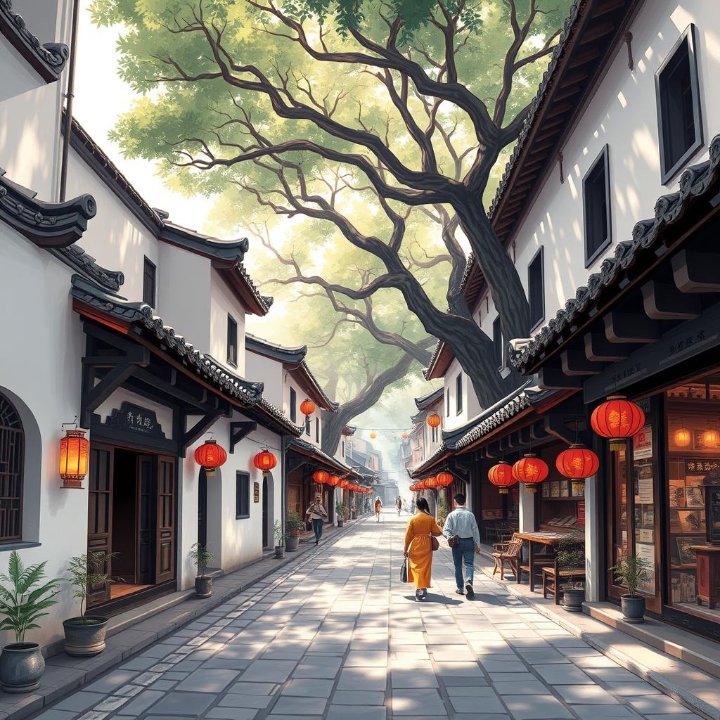 Ancient alleys of Fuzhou, white walls and black tiles, horse-saddle-shaped roofs, intricate wood carvings, stone-paved paths under ancient banyan trees, soft sunlight filtering through leaves, traditional lantern shops with warm glow, people in Hanfu strolling, hyper-detailed, cartoon painting style.