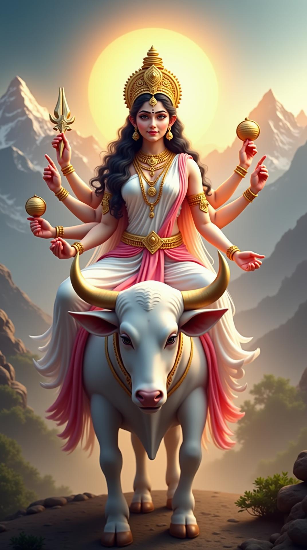 Create a breathtaking 8K portrait of Maa Mahagauri, the eighth incarnation of Goddess Durga, radiating an aura of purity, serenity, and divine grace. She’s beautifully portrayed with a luminous fair complexion that symbolizes peace and wisdom. Seated elegantly on a white bull named Nandi, she perfectly embodies both tranquility and strength. With four arms, she holds a Trishul (trident) in one hand and a Damaru (small drum) in another, while the other two hands are positioned in Varada Mudra (a gesture of blessing) and Abhaya Mudra (a gesture of protection). Dressed in a celestial white and pink saree, she’s adorned with intricate golden ornaments that sparkle with divine brilliance. Her face radiates kindness and a nurturing presence, complemented by a gentle yet powerful gaze. A soft, radiant glow envelops her, and the backdrop features a mystical Himalayan landscape, with golden light streaming through the peaks, symbolizing her divine energy and boundless compassion.