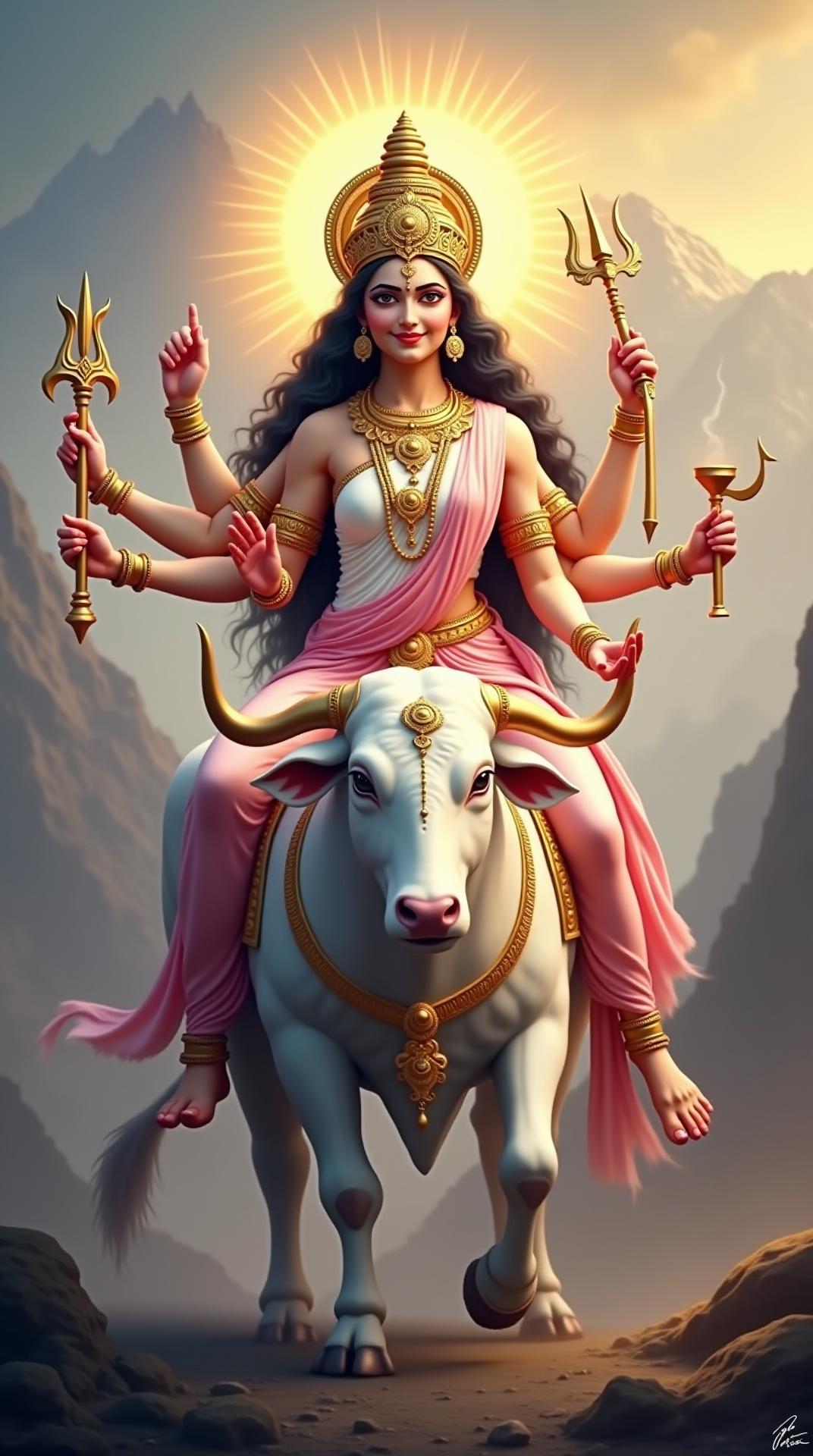 Create a breathtaking 8K portrait of Maa Mahagauri, the eighth incarnation of Goddess Durga, radiating an aura of purity, serenity, and divine grace. She’s beautifully portrayed with a luminous fair complexion that symbolizes peace and wisdom. Seated elegantly on a white bull named Nandi, she perfectly embodies both tranquility and strength. With four arms, she holds a Trishul (trident) in one hand and a Damaru (a small, two-headed hourglass-shaped drum) in another, while the other two hands are positioned in Varada Mudra (a gesture of blessing) and Abhaya Mudra (a gesture of protection). Dressed in a celestial white and pink saree, she’s adorned with intricate golden ornaments that sparkle with divine brilliance. Her face radiates kindness and a nurturing presence, complemented by a gentle yet powerful gaze. A soft, radiant glow envelops her, and the backdrop features a mystical Himalayan landscape, with golden light streaming through the peaks, symbolizing her divine energy and boundless compassion.