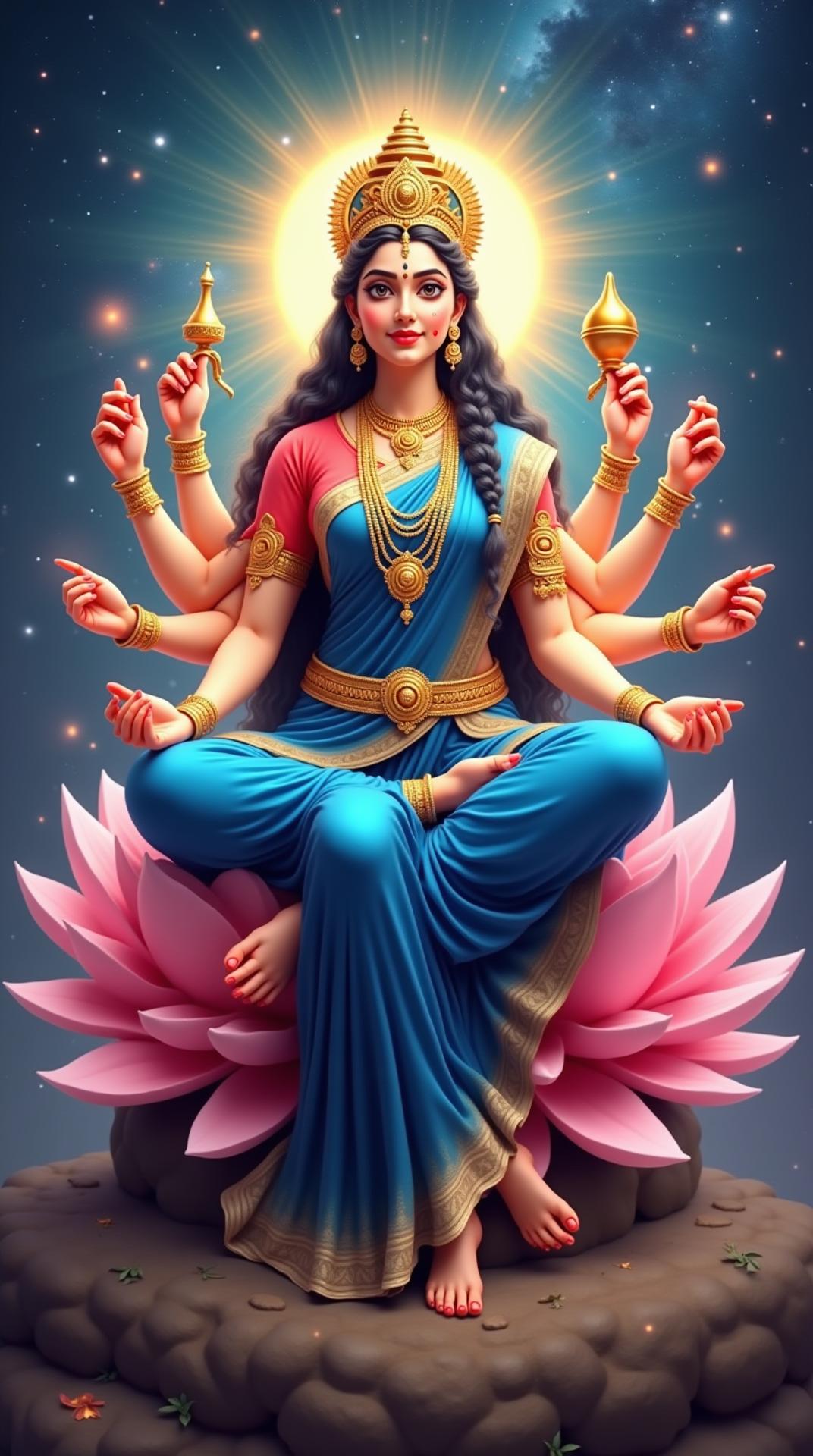 Create a divine and stunningly realistic 8K portrait of Maa Siddhidhatri, the 9th form of Goddess Durga, radiating supreme wisdom, spiritual power, and divine grace. She is seated gracefully on a magnificent lotus throne, symbolizing purity and enlightenment. She has four arms, holding a Sudarshan Chakra (discus), a Shankha (conch shell), a lotus flower, and a mace (Gada), representing her ability to grant supernatural divine powers. She wears a celestial royal blue and golden saree, adorned with intricately designed jewelry that glows with divine brilliance. Her serene and compassionate face exudes immense spiritual energy, and her crown sparkles with cosmic light. A soft, radiant aura surrounds her, illuminating the cosmic and celestial background filled with galaxies, stars, and divine light, symbolizing her role as the universal goddess who bestows spiritual perfection and ultimate liberation