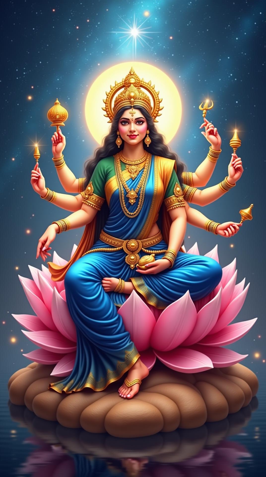 Create a divine and stunningly realistic 8K portrait of Maa Siddhidhatri, the 9th form of Goddess Durga, radiating supreme wisdom, spiritual power, and divine grace. She is seated gracefully on a magnificent lotus throne, symbolizing purity and enlightenment. She has four arms, holding a Sudarshan Chakra (discus), a Shankha (conch shell), a lotus flower, and a mace (Gada), representing her ability to grant supernatural divine powers. She wears a celestial royal blue and golden saree, adorned with intricately designed jewelry that glows with divine brilliance. Her serene and compassionate face exudes immense spiritual energy, and her crown sparkles with cosmic light. A soft, radiant aura surrounds her, illuminating the cosmic and celestial background filled with galaxies, stars, and divine light, symbolizing her role as the universal goddess who bestows spiritual perfection and ultimate liberation