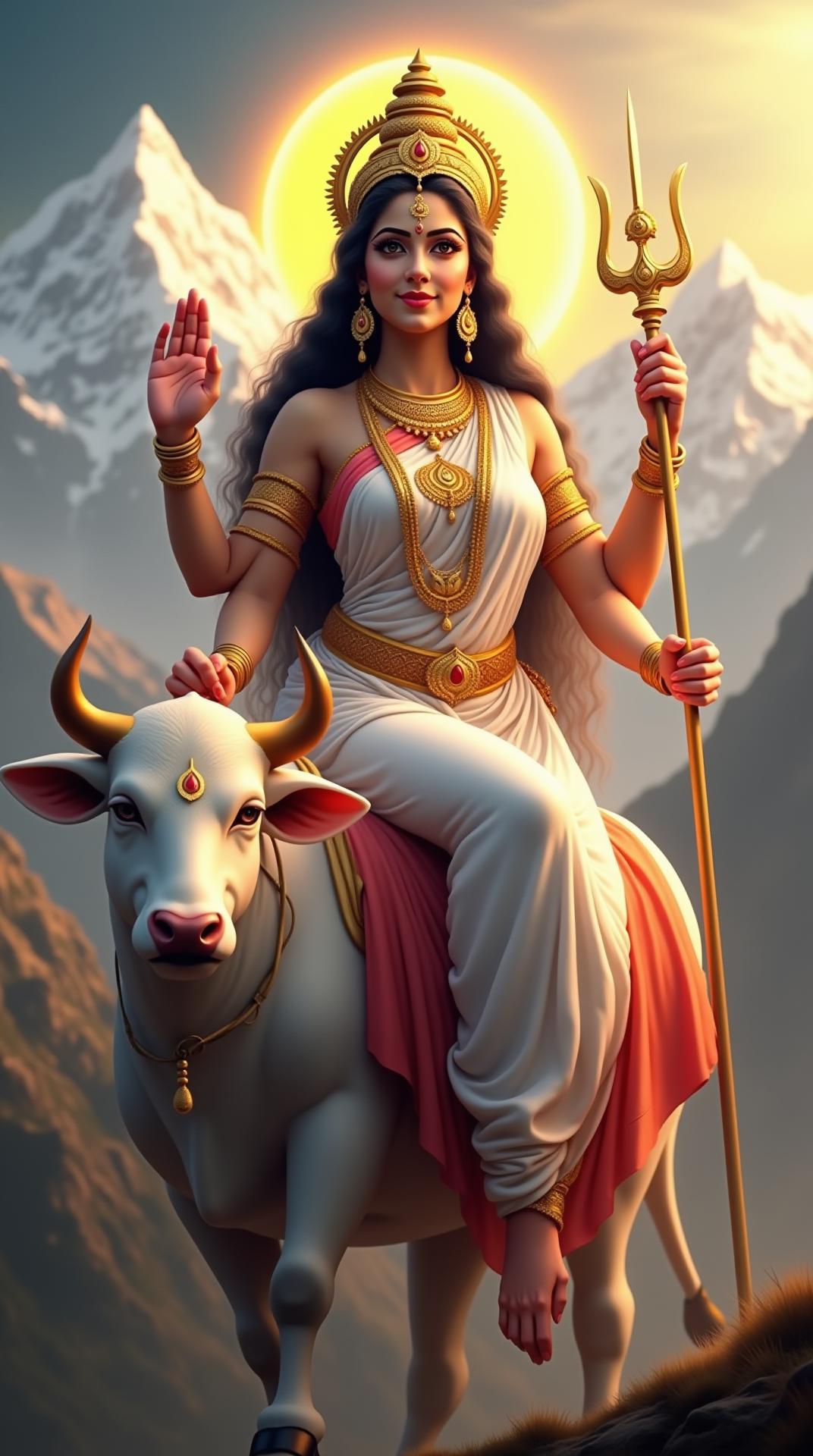 Create a divine and stunningly realistic 4K portrait of Maa Shailaputri, the first form of Goddess Durga, radiating purity, strength, and divine serenity. She is seated gracefully on a white bull (Nandi), symbolizing wisdom and power. She has two arms—her right hand holds a Trishul (trident), representing divine power, and her left hand holds a lotus flower, symbolizing spiritual awakening. She wears a celestial white and red saree, adorned with intricate golden jewelry that glows with divine brilliance. Her calm and motherly expression exudes peace and strength, with a crescent moon adorning her forehead. A soft, radiant aura surrounds her, and the background features a mystical Himalayan landscape, with snow-capped peaks bathed in golden sunlight, symbolizing her divine connection to the mountains and nature