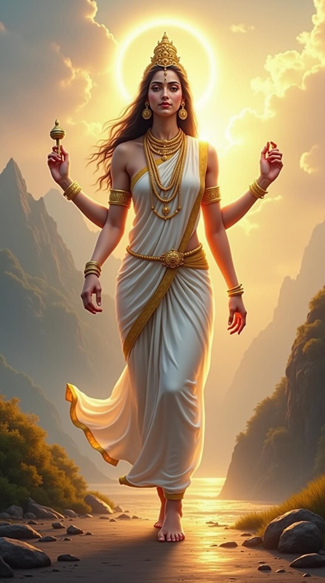 A divine and stunningly realistic 4K portrait of Maa Brahmacharini, the second form of Goddess Durga, symbolizing devotion, wisdom, and asceticism. She is depicted walking barefoot with a serene and graceful expression, radiating immense spiritual energy. She wears a simple yet divine white saree with a golden border, symbolizing purity and penance, and is adorned with minimal but radiant jewelry. She has two arms—her right hand holds a Japamala (rosary beads), representing deep meditation and devotion, while her left hand holds a Kamandal (water pot), signifying renunciation and wisdom. A soft, glowing aura surrounds her, and the background features a tranquil, mountainous landscape bathed in golden sunlight, reflecting her connection to penance and spiritual enlightenment. The atmosphere is calm and divine, with soft clouds and a celestial glow symbolizing her path of deep meditation and self-discipline.