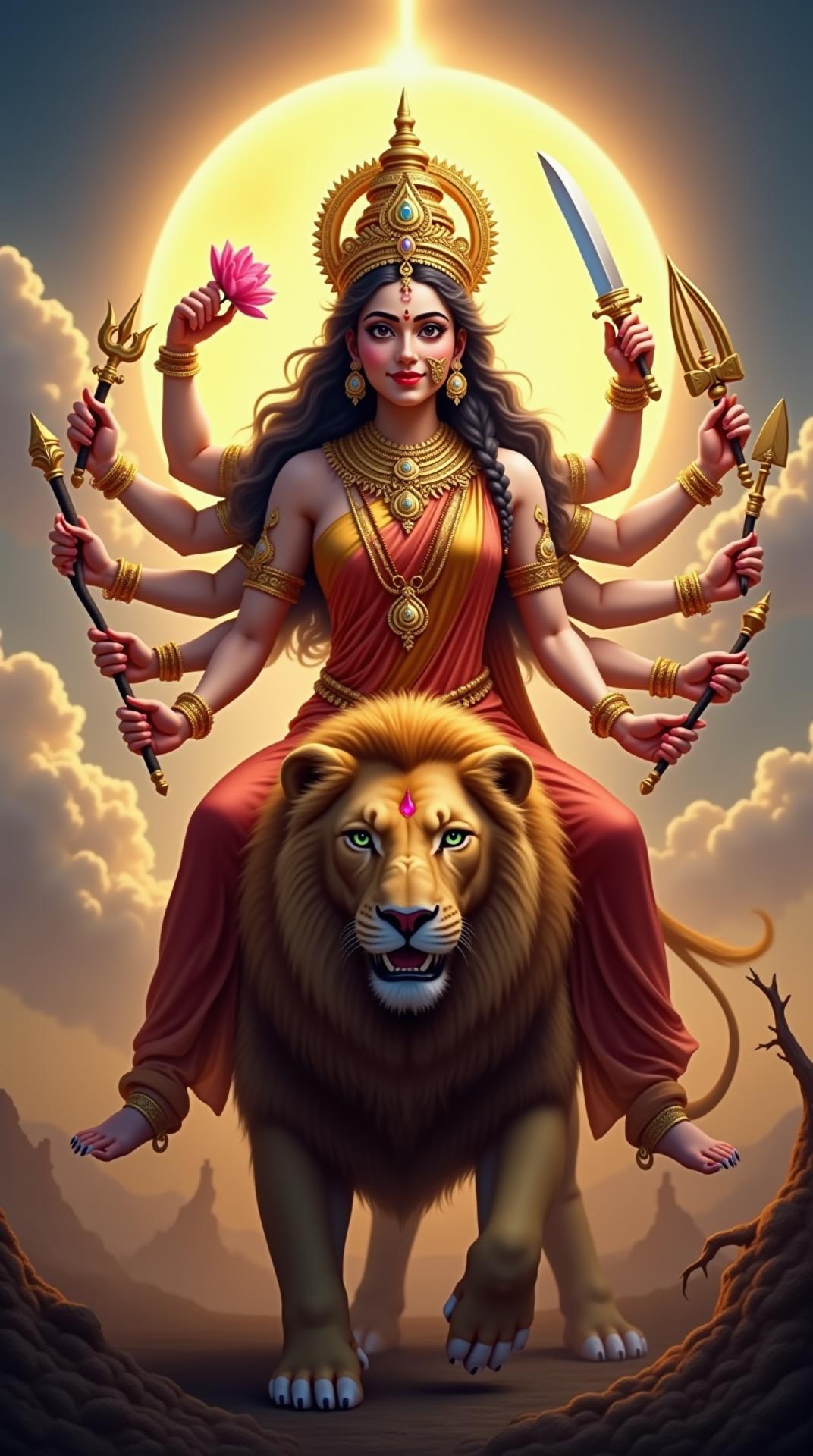 Create a divine and stunningly realistic 4K portrait of Maa Chandraghanta, the third form of Goddess Durga, radiating immense power, grace, and fearlessness. She is seated majestically on a fierce lion, symbolizing courage and strength. A half-moon in the shape of a bell (Ghanta) adorns her forehead, exuding divine energy. She has ten arms, each holding a divine weapon, including a Trishul (trident), sword, bow, arrow, mace, and lotus flower, while some hands are in Abhaya Mudra (gesture of protection) and Varada Mudra (gesture of blessings). She wears a celestial golden and red saree, richly adorned with intricate jewelry that radiates a divine glow. Her expression is fierce yet compassionate, with eyes glowing with protective energy. A golden halo surrounds her, and the background features a mystical battlefield with soft clouds and divine light piercing through, symbolizing her divine mission to vanquish evil and protect devotees