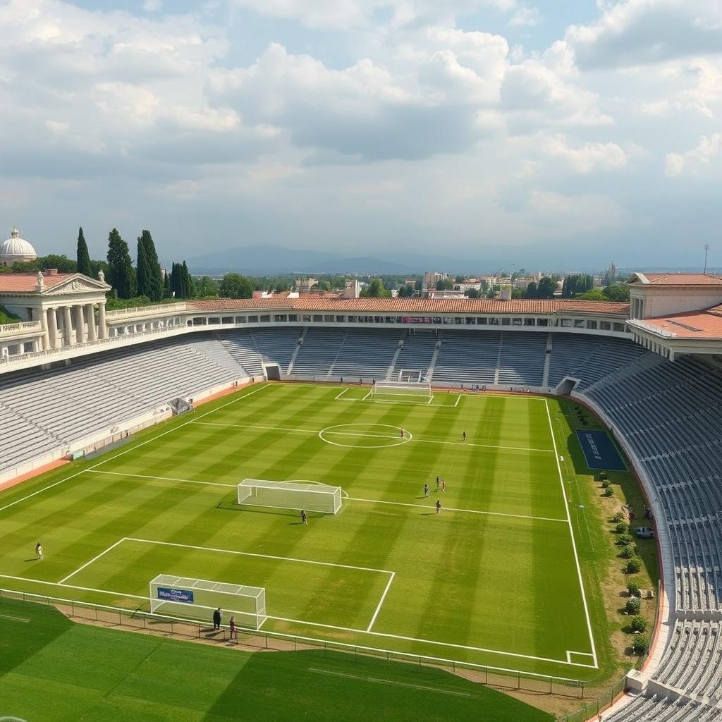 A soccer field that is surrounded by ancient Greek motifs and architecture. 