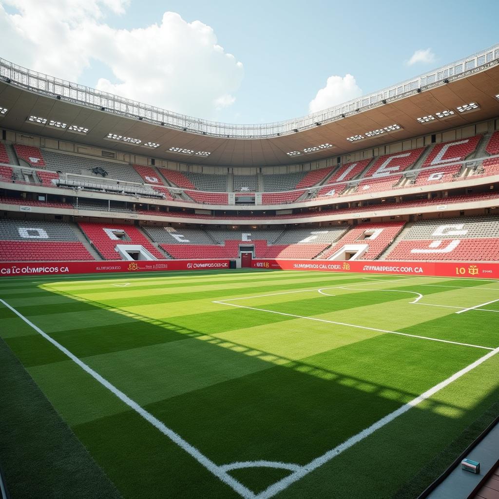 A soccer field that is surrounded by ancient Greek motifs and architecture. There is a red banner that reads "Olympiacos CA"