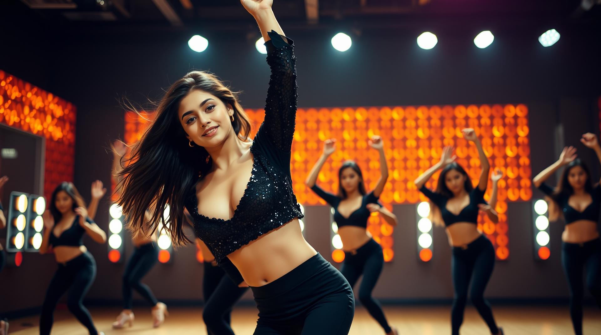 A young woman of South Asian ethnicity, centered in the image, is dancing. She has long brown hair and is wearing a black, sequined, crop top and matching long sleeves. She has light makeup, and a subtle facial expression. Her body type is slender. She is positioned in a dynamic, mid-air dance pose with one arm raised above her head. The environment is a dance studio or stage, with a backdrop of warm, golden-orange lights. The lighting is bright, focused on the dancing figures, and a slightly darker background. The composition is dynamic, with multiple dancers, but the focus is on the central performer. The perspective is slightly above the subject. The style is a promotional poster or music video still. I Several other female dancers are visible in the background, performing similar poses in the same style of clothing. The color palette is primarily dark and light orange/yellow with a deep black.
