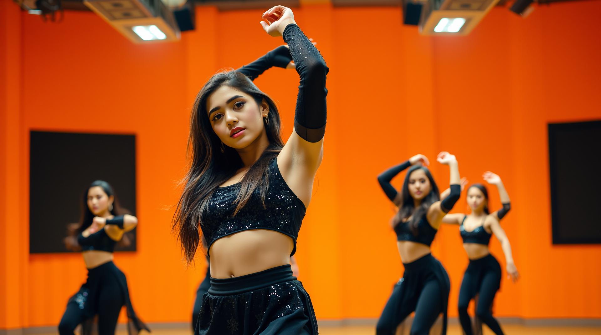 A young woman of South Asian ethnicity, centered in the image, is dancing. She has long brown hair and is wearing a black, sequined, crop top and matching long sleeves. She has light makeup, and a subtle facial expression. Her body type is slender. She is positioned in a dynamic, mid-air dance pose with one arm raised above her head. The environment is a dance studio or stage, with a backdrop of warm, golden-orange lights. The lighting is bright, focused on the dancing figures, and a slightly darker background. The composition is dynamic, with multiple dancers, but the focus is on the central performer. The perspective is slightly above the subject. The style is a promotional poster or music video still. I Several other female dancers are visible in the background, performing similar poses in the same style of clothing. The color palette is primarily dark and light orange/yellow with a deep black.