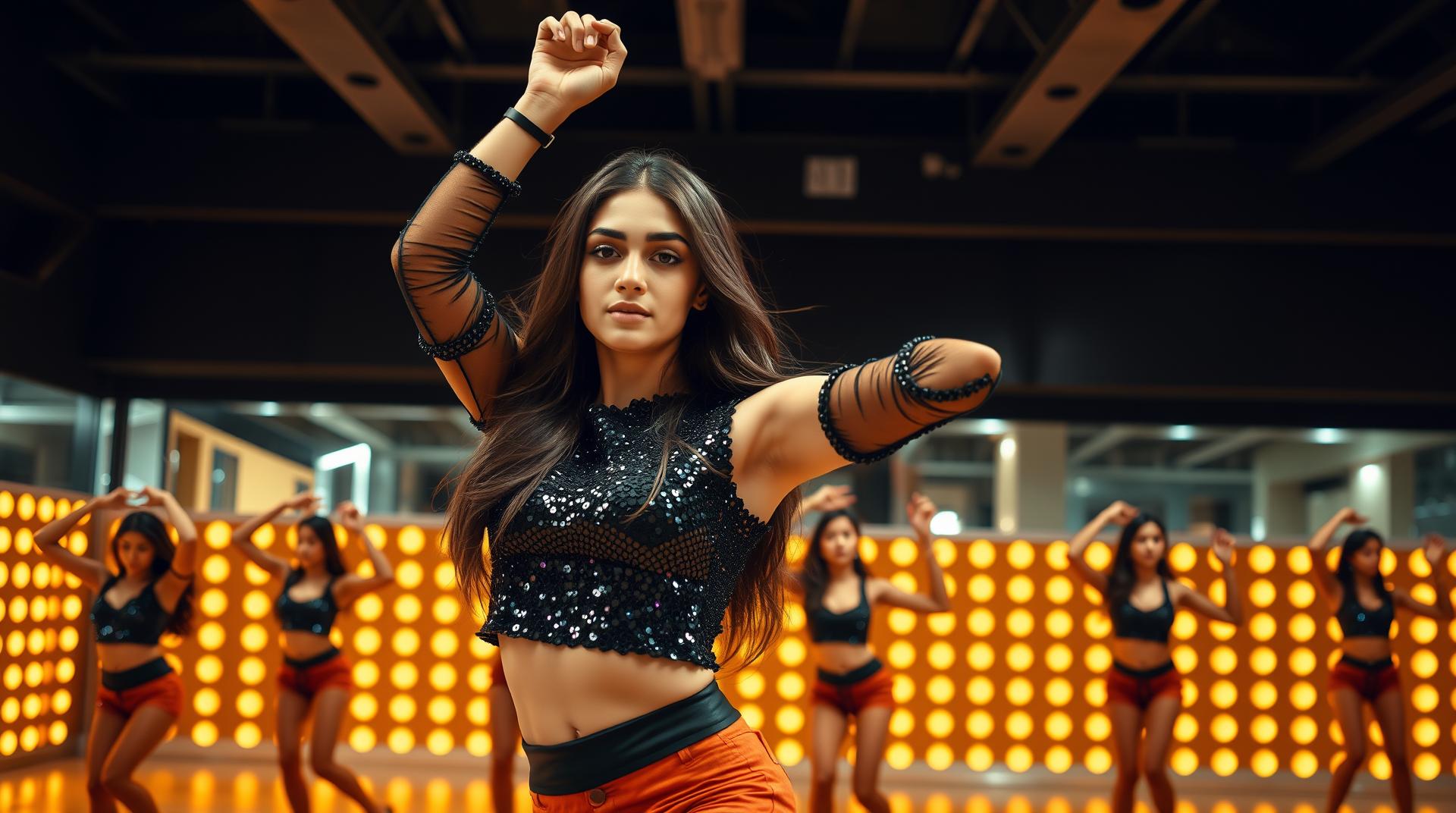A young woman of South Asian ethnicity, centered in the image, is dancing. She has long brown hair and is wearing a black, sequined, crop top and matching long sleeves. She has light makeup, and a subtle facial expression. Her body type is slender. She is positioned in a dynamic, mid-air dance pose with one arm raised above her head. The environment is a dance studio or stage, with a backdrop of warm, golden-orange lights. The lighting is bright, focused on the dancing figures, and a slightly darker background. The composition is dynamic, with multiple dancers, but the focus is on the central performer. The perspective is slightly above the subject. The style is a promotional poster or music video still. I Several other female dancers are visible in the background, performing similar poses in the same style of clothing. The color palette is primarily dark and light orange/yellow with a deep black.