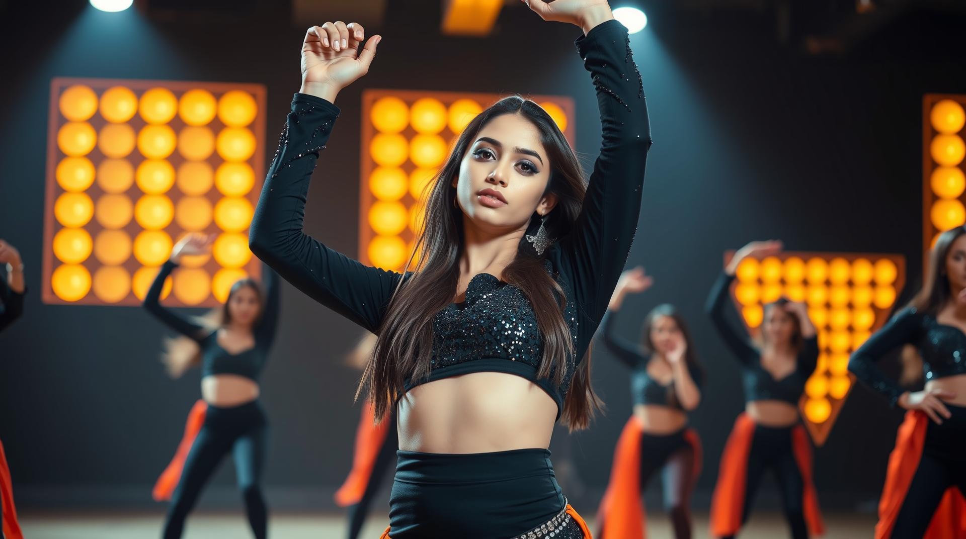 A young woman of INDIAN ethnicity, centered in the image, is dancing. She has long brown hair and is wearing a black, sequined, crop top and matching long sleeves. She has light makeup, and a subtle facial expression. Her body type is slender. She is positioned in a dynamic, mid-air dance pose with one arm raised above her head. The environment is a dance studio or stage, with a backdrop of warm, golden-orange lights. The lighting is bright, focused on the dancing figures, and a slightly darker background. The composition is dynamic, with multiple dancers, but the focus is on the central performer. The perspective is slightly above the subject. The style is a promotional poster or music video still. I Several other female dancers are visible in the background, performing similar poses in the same style of clothing. The color palette is primarily dark and light orange/yellow with a deep black.
