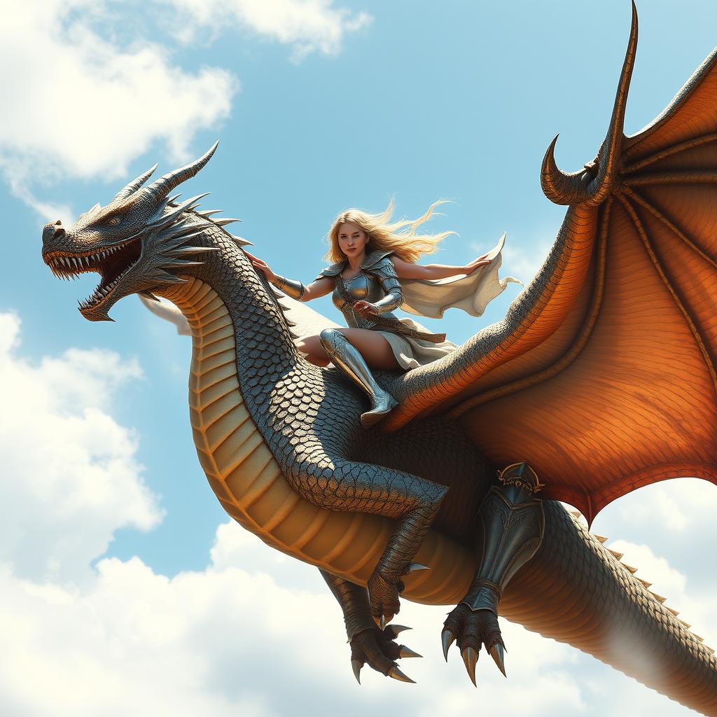 A majestic warrior maiden, clad in sparkling steel armor, soars through the sky on the back of a majestic dragon, whose scales glisten in the sun. The dragon's wings flap powerfully as they fly in the wind, their connection is evident in the confident posture of the warrior and the regal demeanor of the dragon.